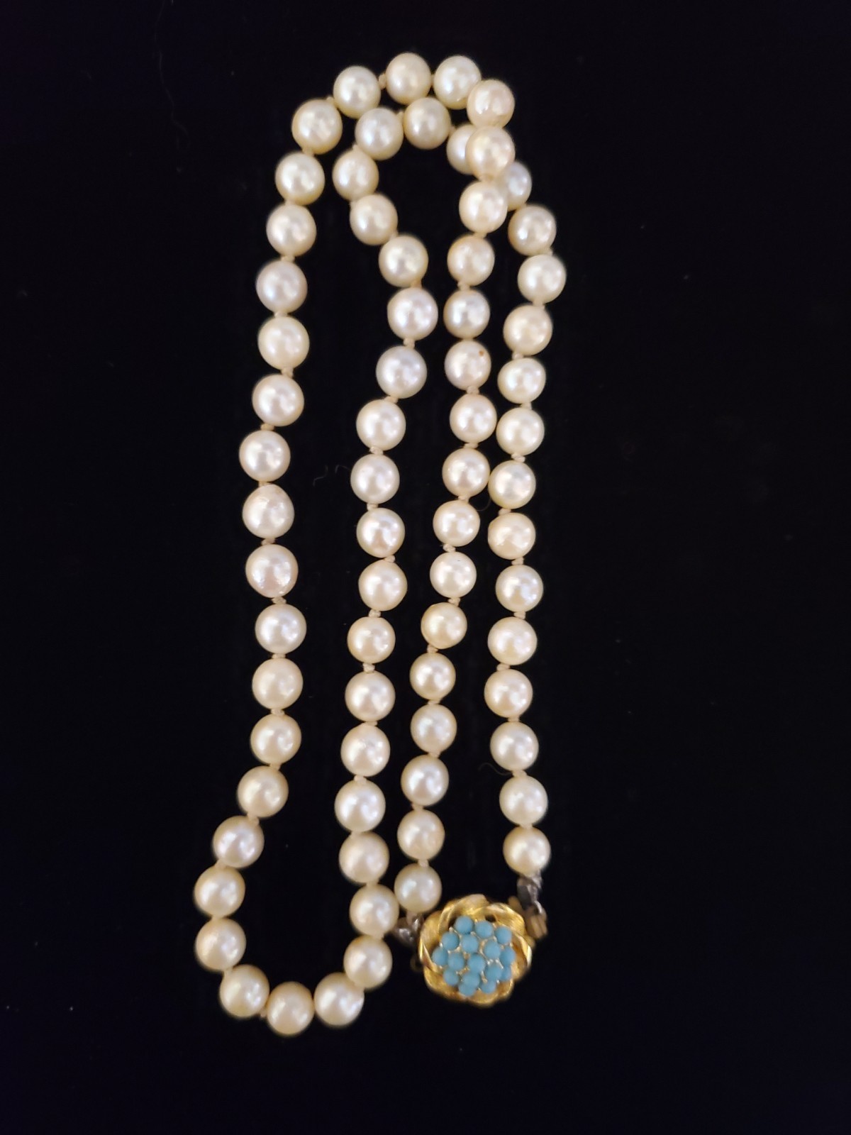 Vintage Single Strand Pearl Hand Knot Necklace Ornate Gold Turquoise Clasp Gift