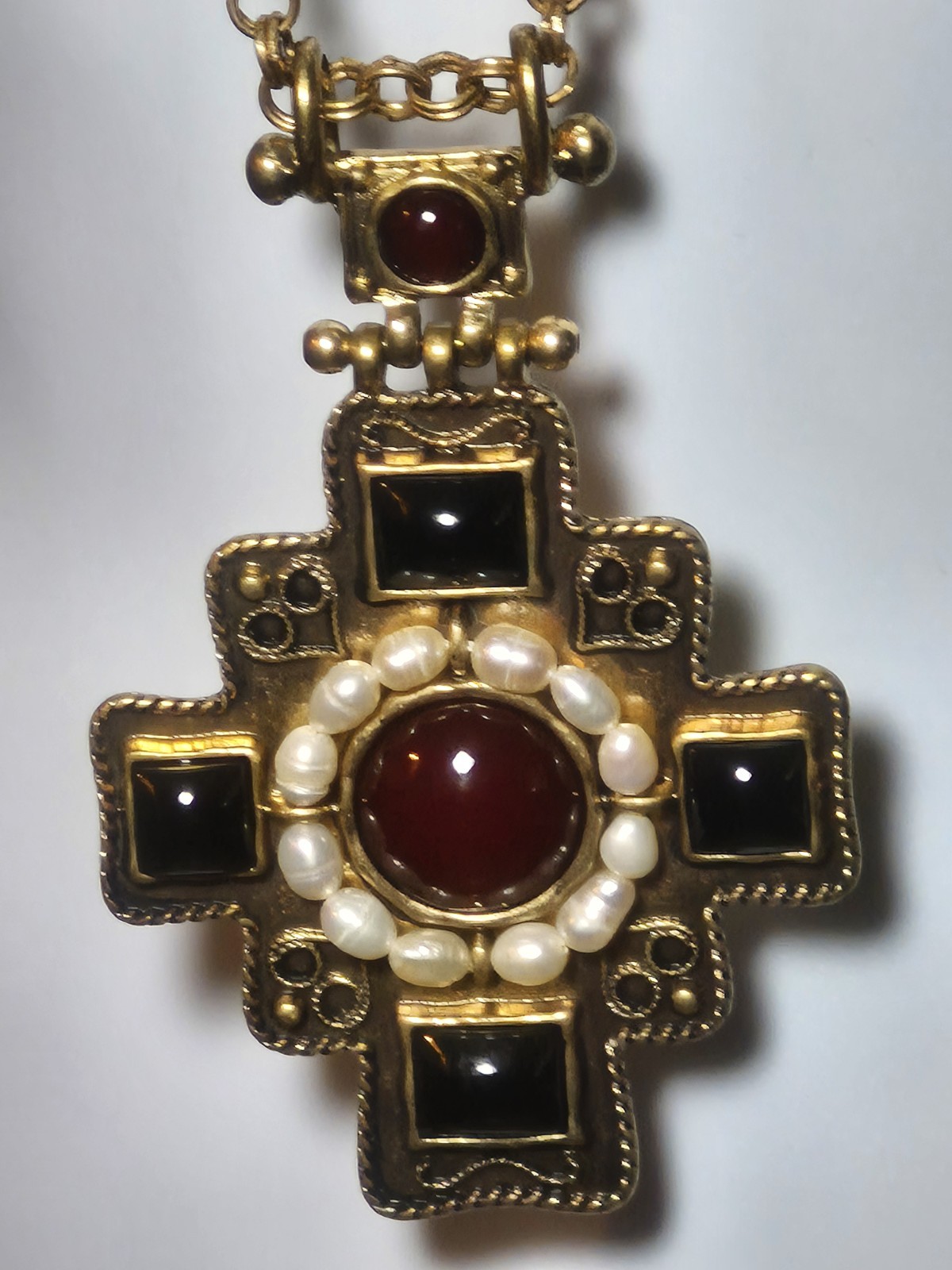 Dell’Olio Byzantine Cross Pendant Necklace Faux Pearl Red Black Statement