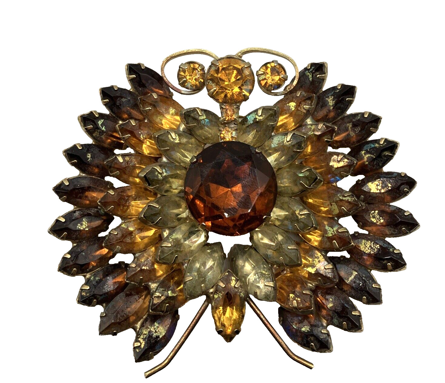 Vintage XL Butterfly Cluster Brooch Pin 40s Rootbeer Crystal Statement