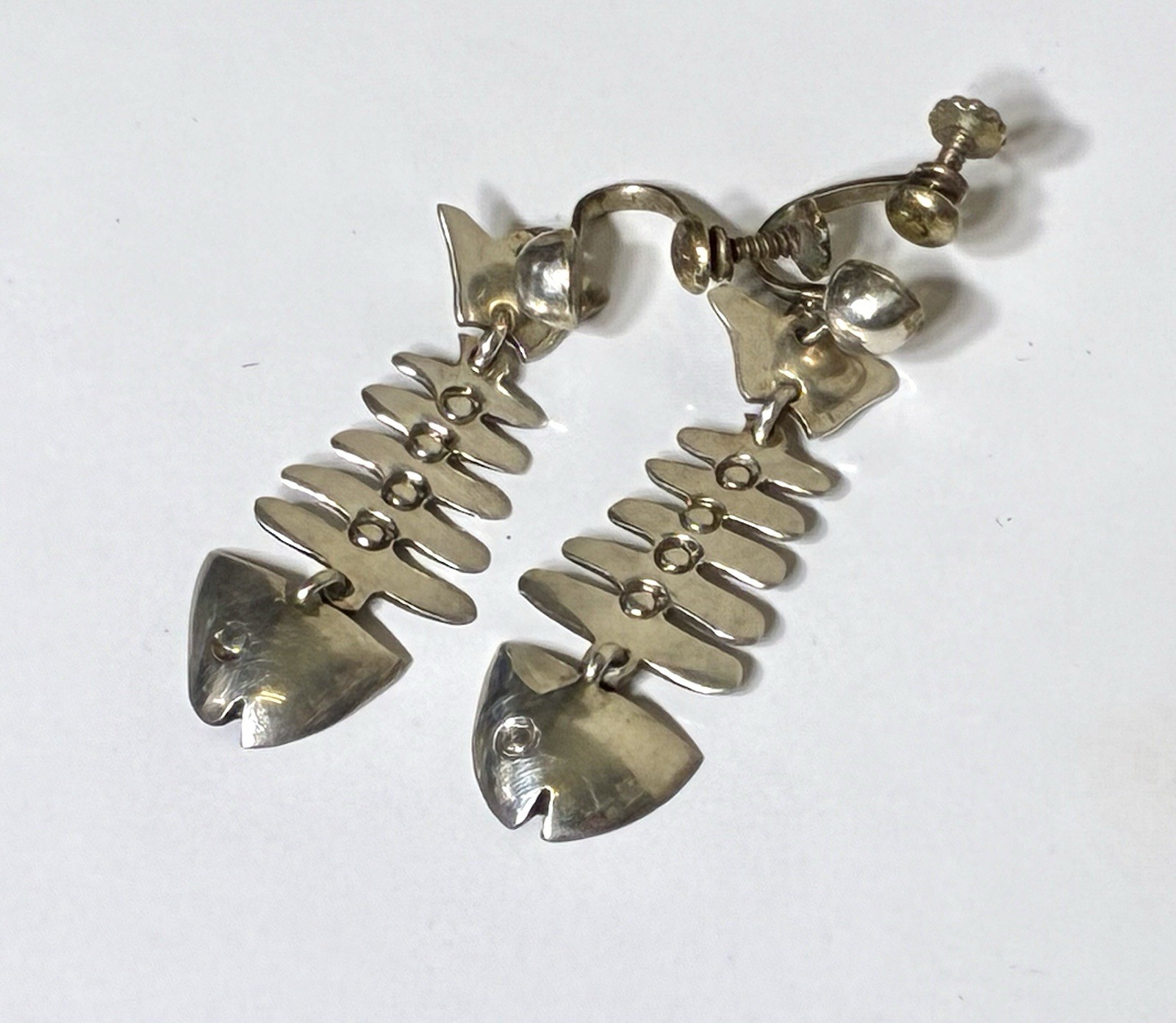 Taxco Silver Fish Dangle Earrings signed IP with Eagle Modernist Screw Back