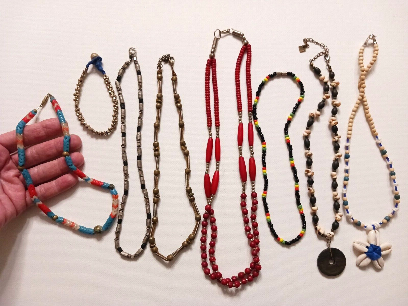 Metal beads and other shell + stone odd beads. Vintage necklaces. Lot of 8