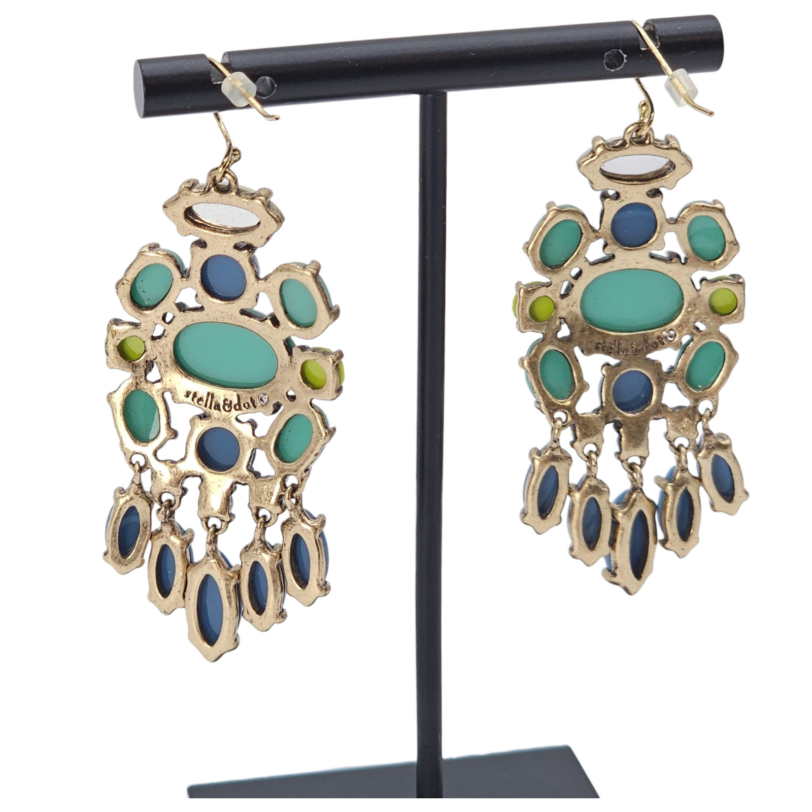 Stella & Dot Chandelier Dangle Earrings Lime Sea Green Turquoise Blue Signed
