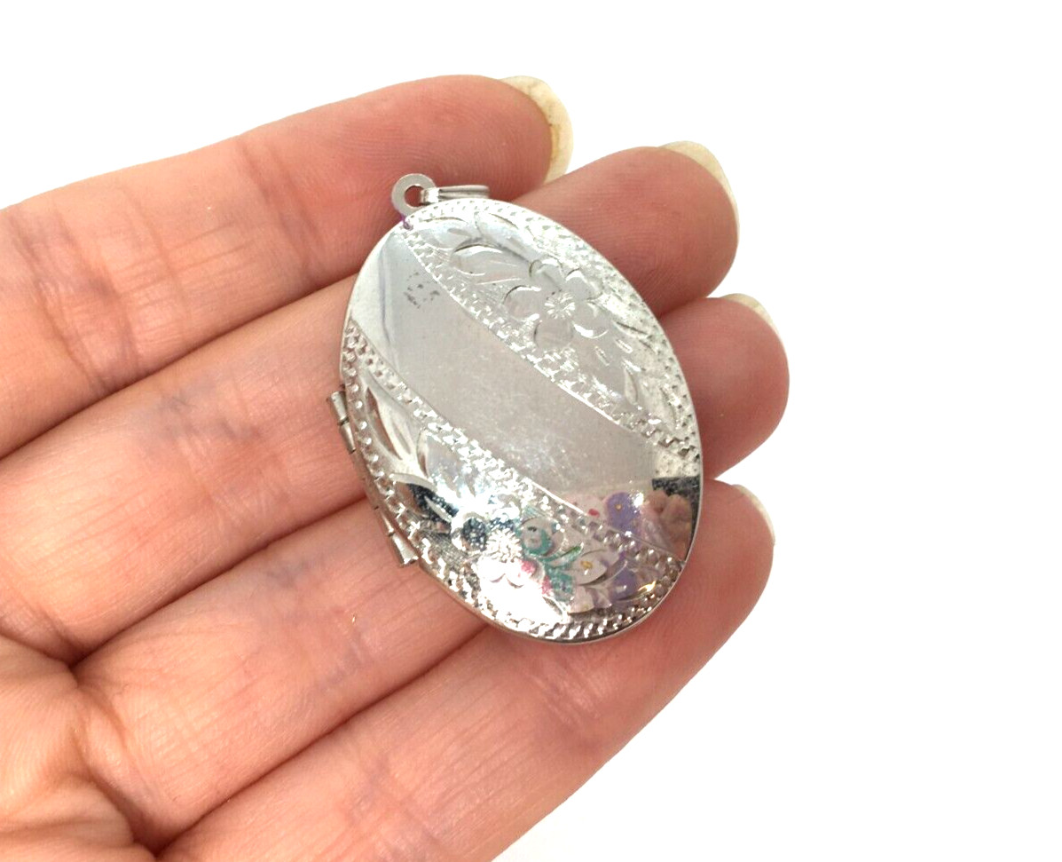 Vintage Etched Flowers Sterling Silver Locket Necklace Pendant almost 2″ Long