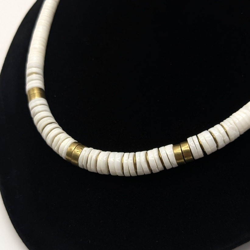 Vintage Heishi Shell and Brass Metal Spacers Graduated Beaded Necklace 18.25in