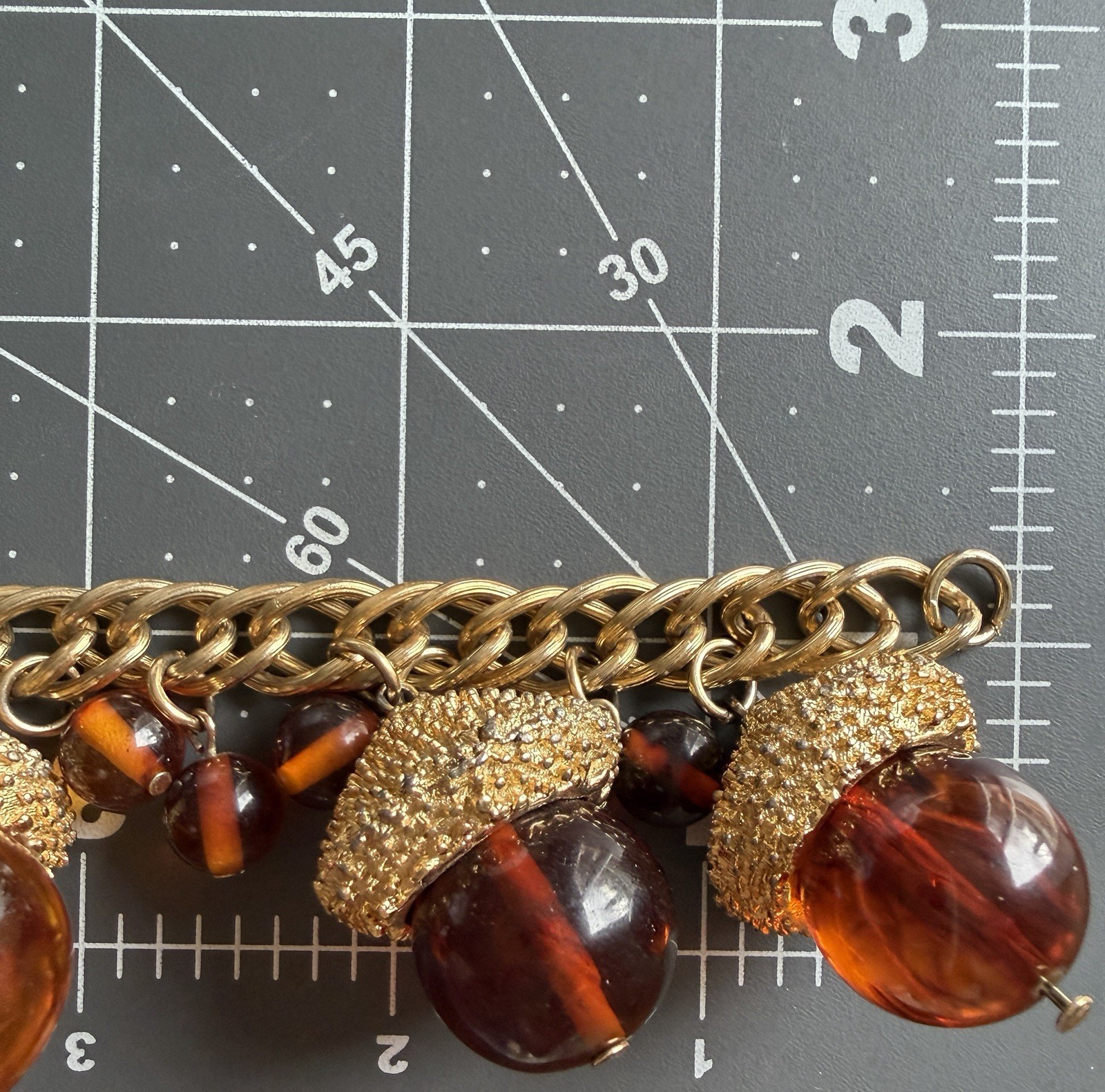 Vintage MCM Chunky Acorn Charm Bracelet Oversized Amber Glass Style Lucite Gold