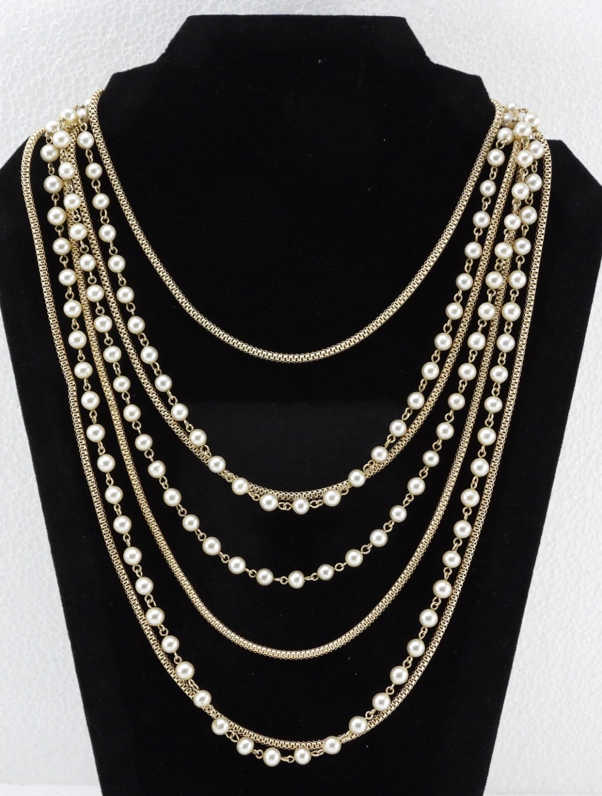 Vtg Signed MARVELLA Multi Strand Gold Tone Faux Pearl Necklace Boho Statement