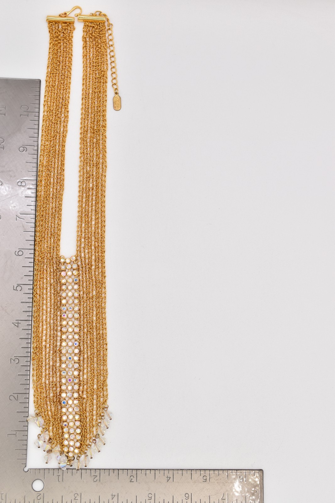 Felicia Vintage Gold Mesh Bib Necklace AB Rhinestone Crystal Fringe 1990s BinBN