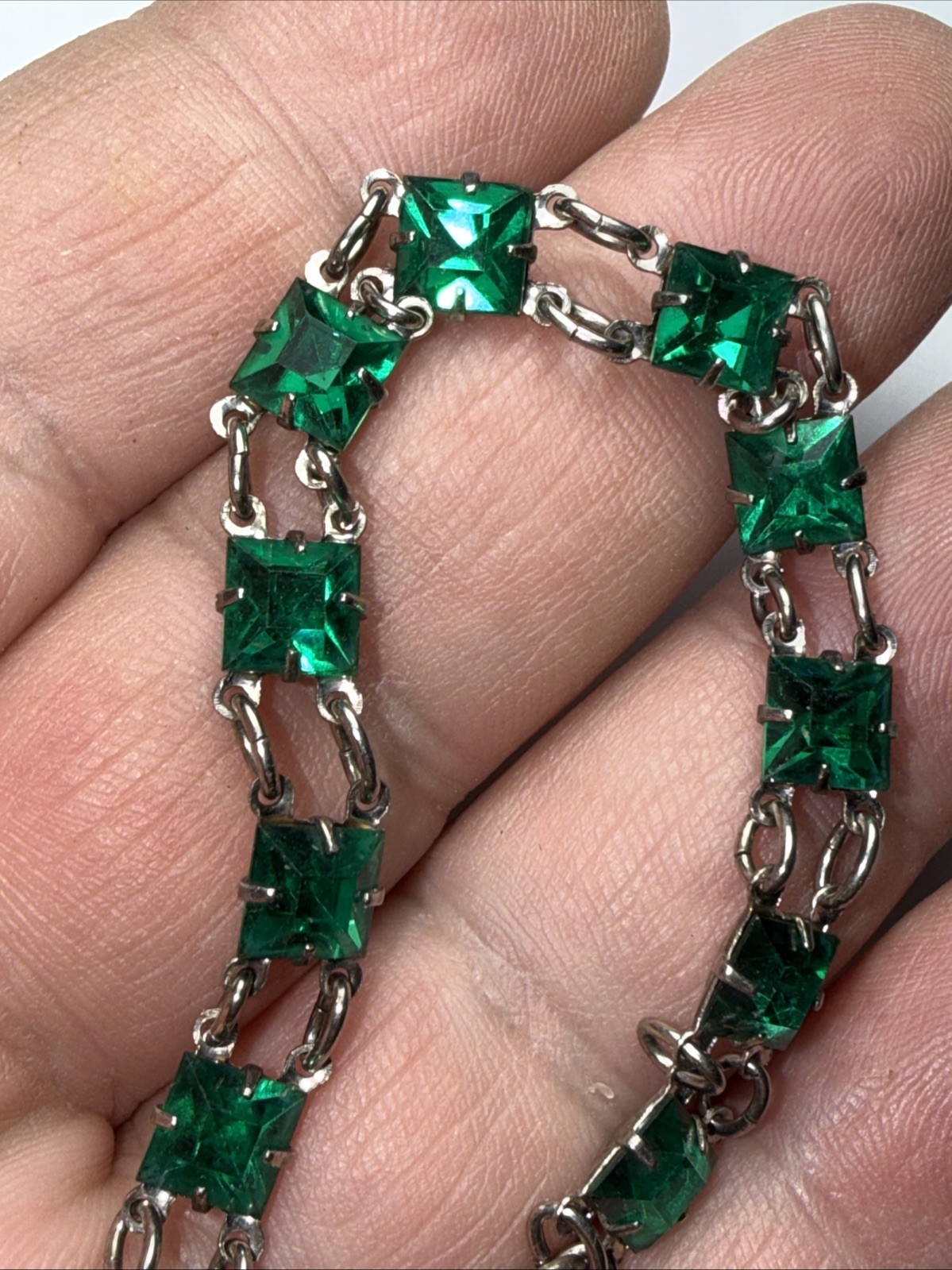Bracelet Art Deco Paste Gwen Emerald Glass Sterling Silver Square Stone Antique