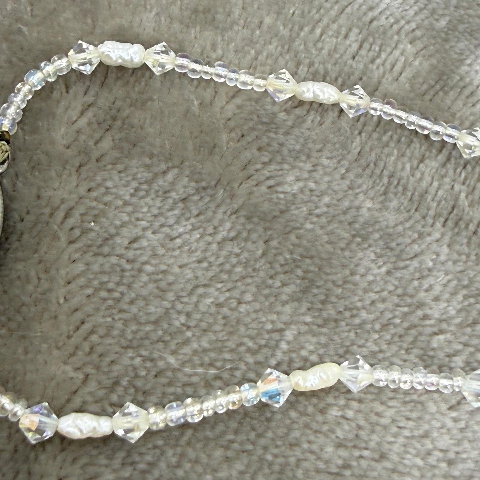 Vintage Frosted Glass AB Crystal Pearl Beaded Necklace Filigree Clasp Iridescent