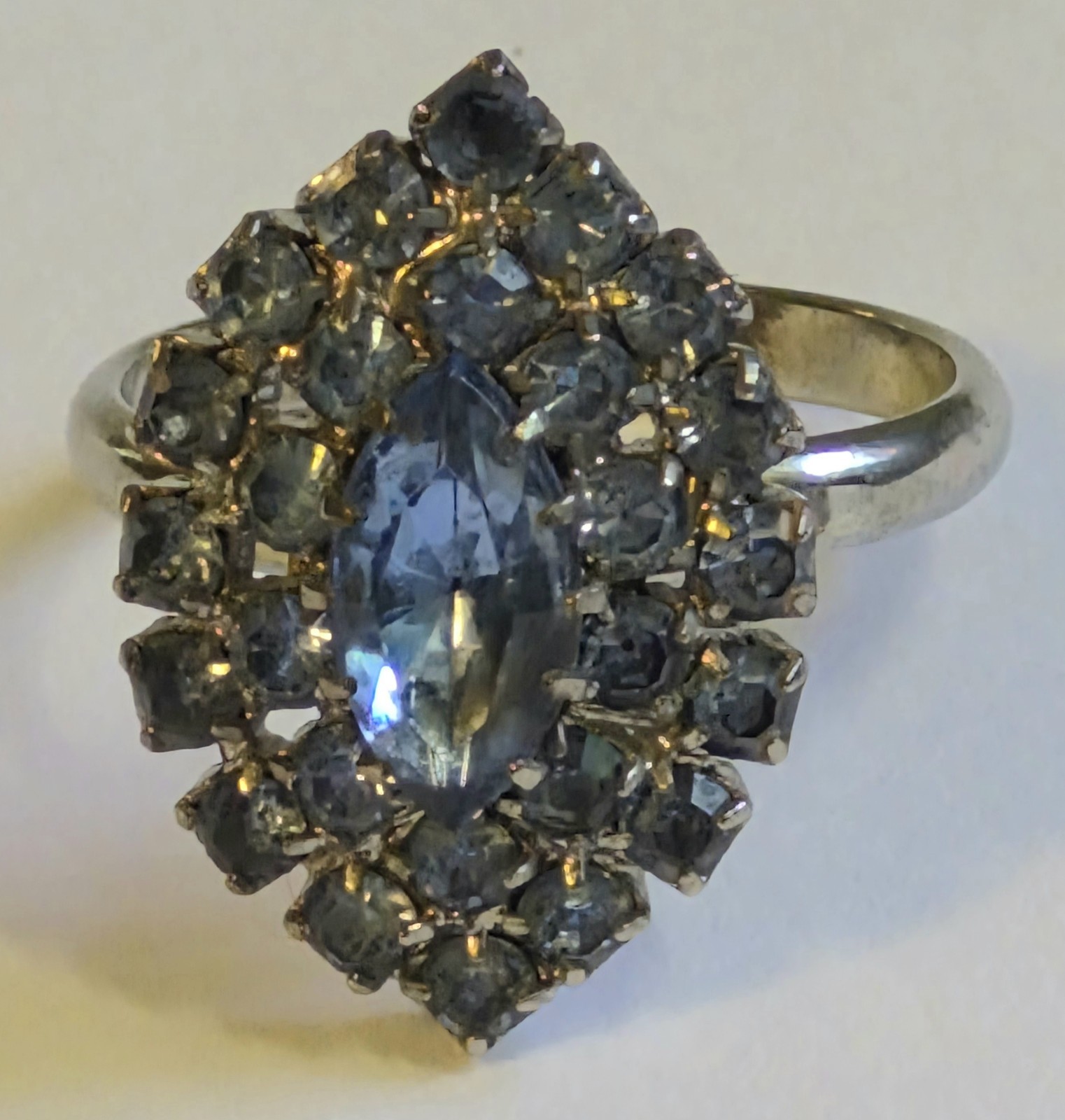 Vintage Blue Rhinestone Marquise Cocktail Ring Silver Tone Adjustable Prong Set