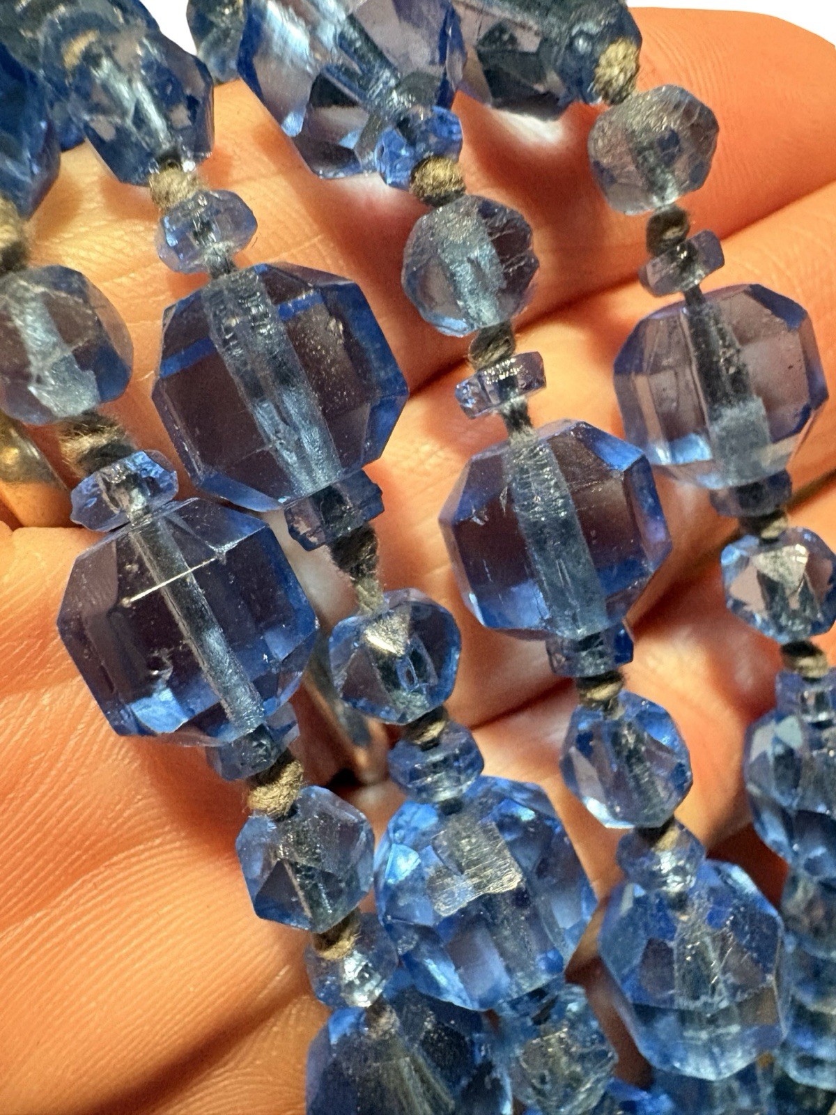 Antique 1920s Flapper Czech Glass Long Necklace Ceylon Sapphire Blue Beads 64”