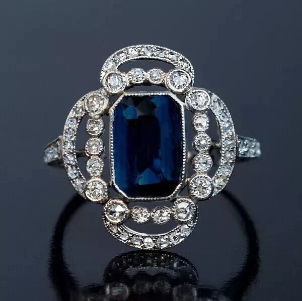Art Deco Emerald Cut Sapphire & Lab Created Diamond 14k White Gold Finish Ring