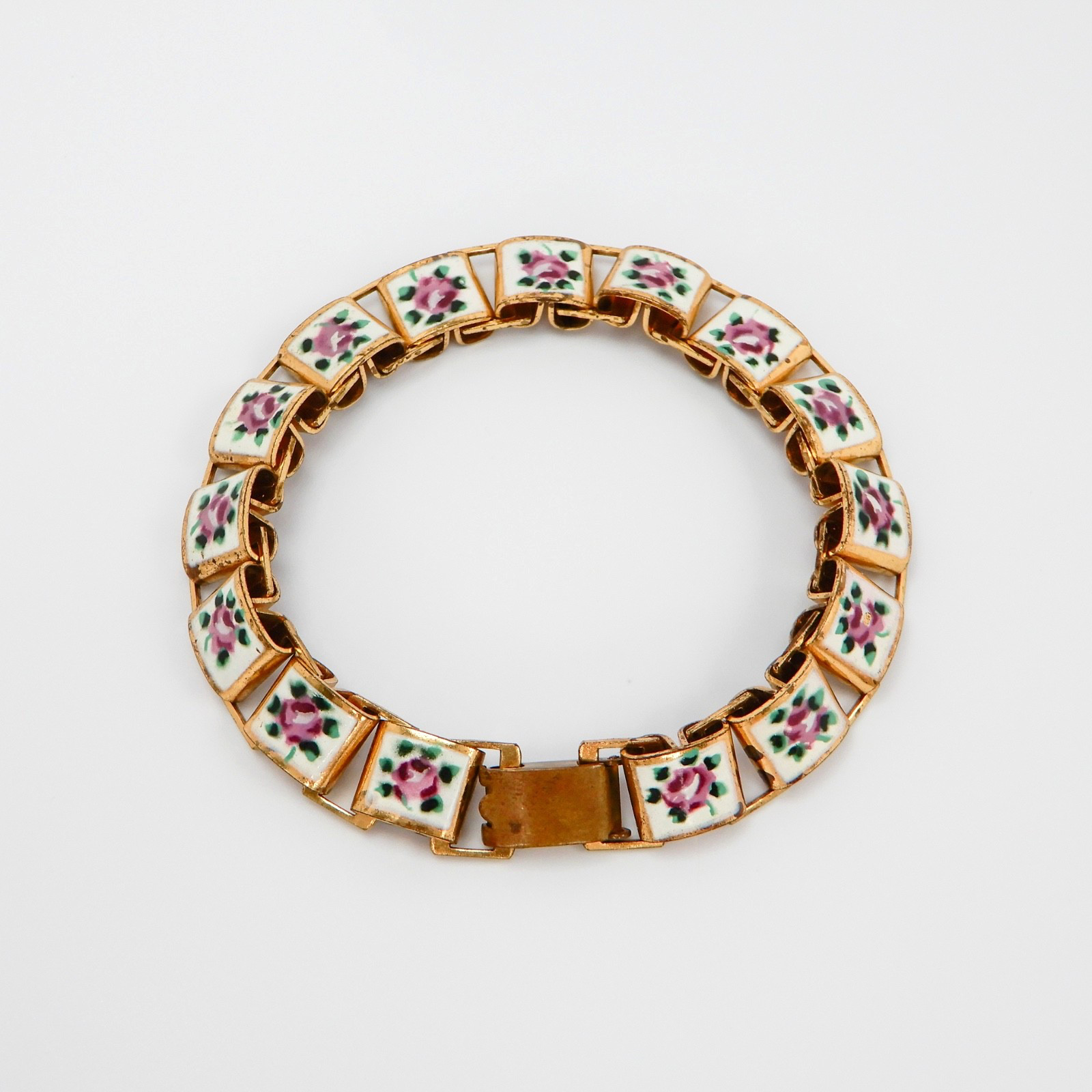 Vintage Hand Painted Enamel Panel Bracelet Pink Roses on White, Book Chain 6.75″