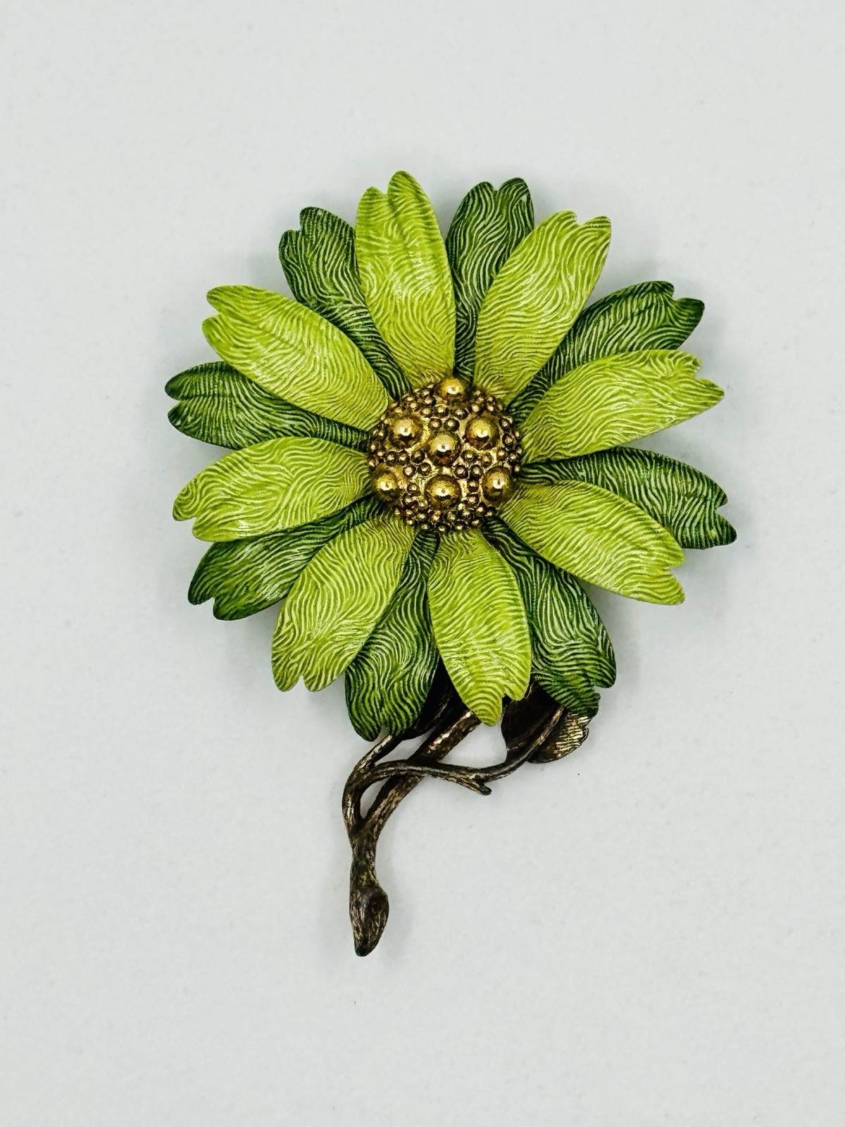 Vintage Hedy Enamel Daisy Brooch Green Layered Flower Pin 1950s 1960s