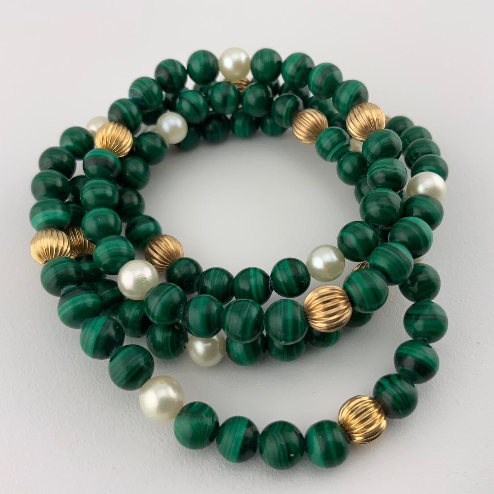 Vtg Malachite Pearl 14kt Fluted Gold Bead Necklace Green 24 Inch Fish Hook Clasp