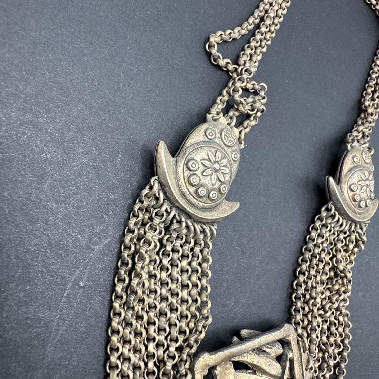 Vintage Knight Sword Shield Festoon Chain Gold Tone Necklace Triangle 15.5” J46