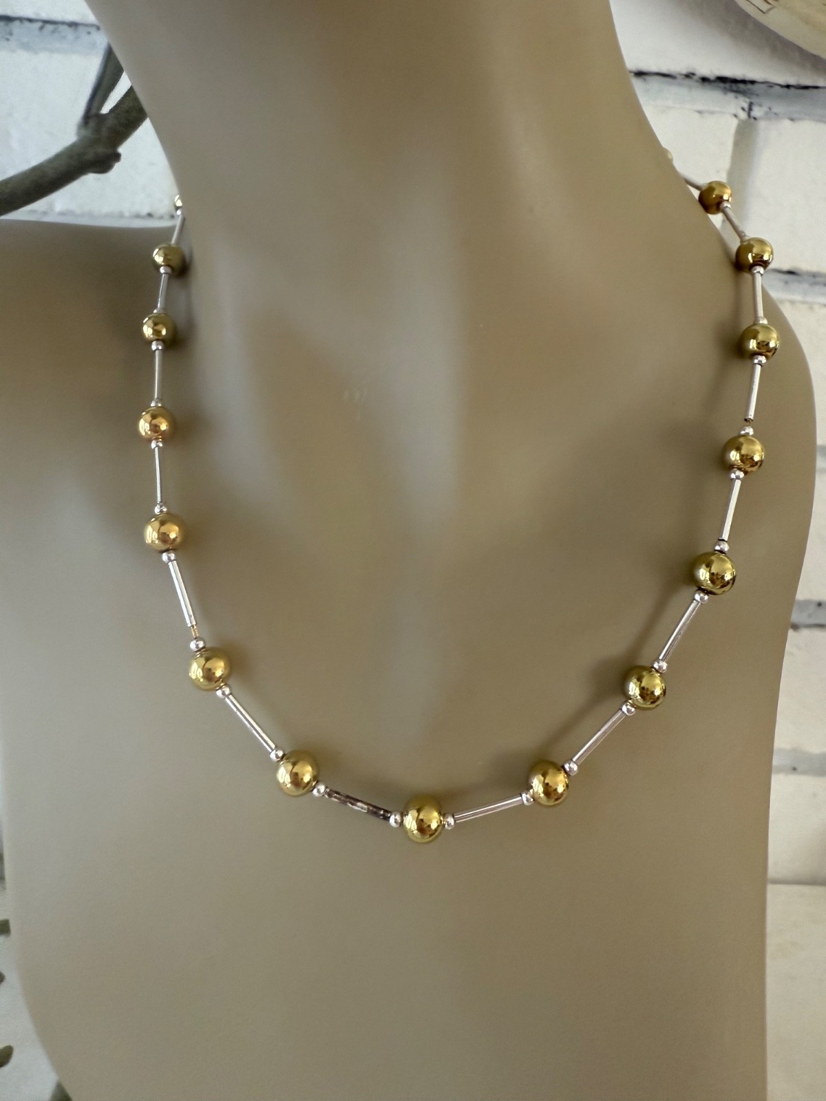 ESTATE VINTAGE GOLD & SILVER PLATED BALL BAR LINK CHAIN SIGNED NECKLACE 17″