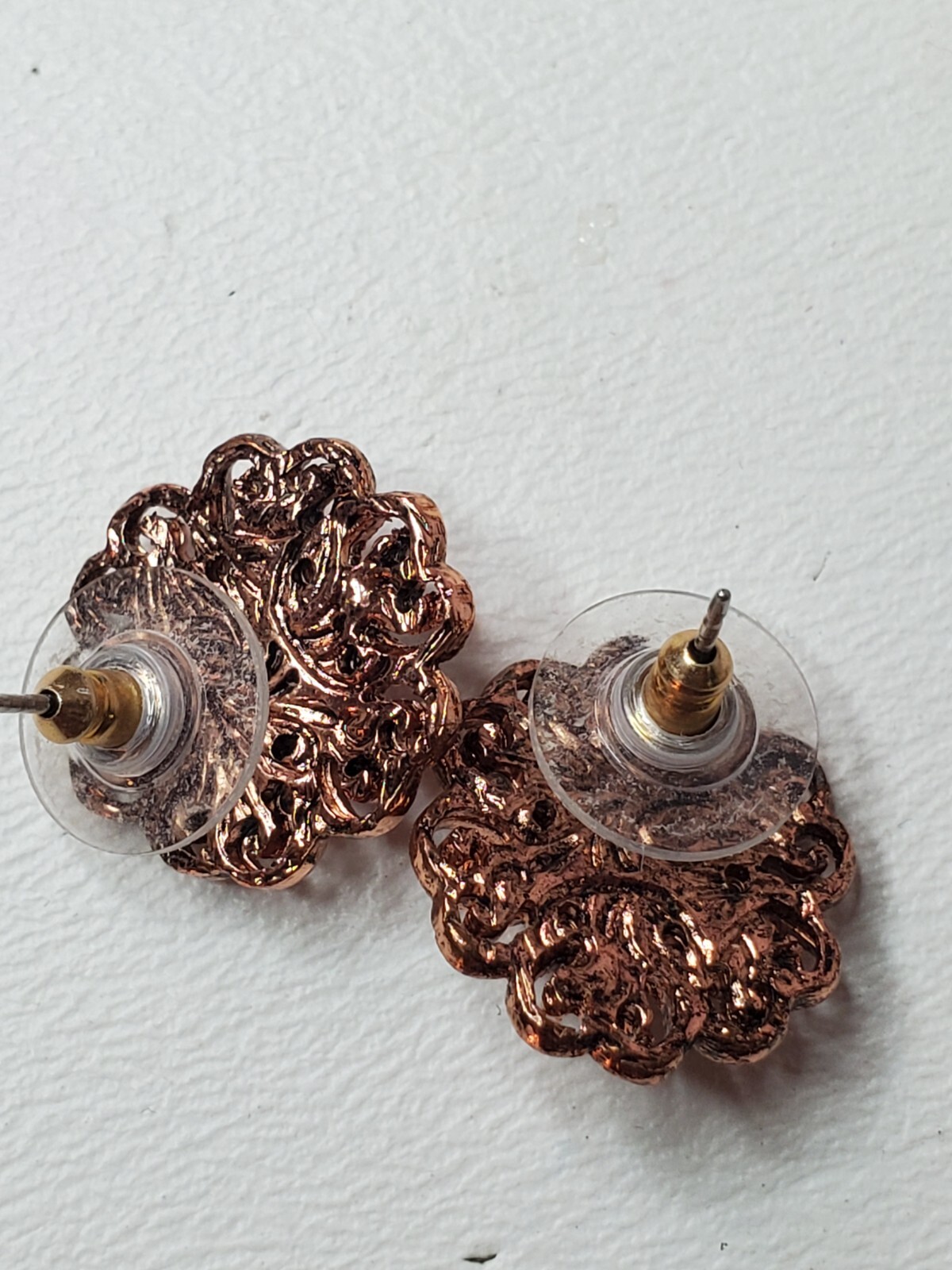 Pink Stone Tigers Eye Rhinestone Copper Colored Stud Earrings Heart Scroll