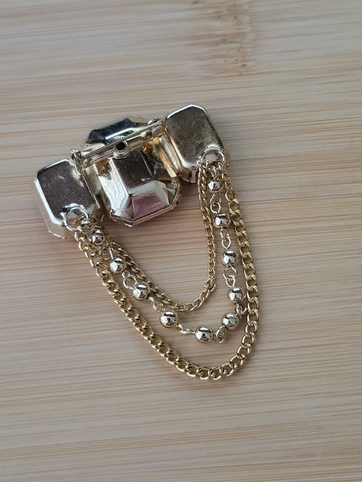 Vtg Faux Red Faceted Rectangle Gem Brooch Gold Tone Chatelaine Regal Statement