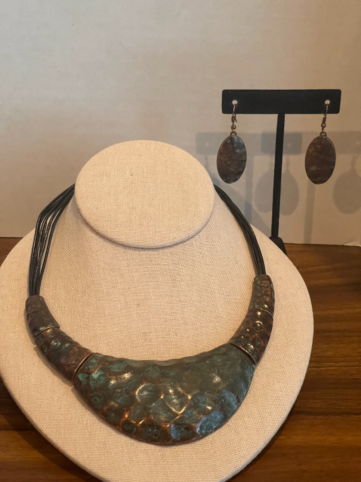 Brutalist Boho Verdigris Patina Chunky Hammered Copper Necklace and Earring Set
