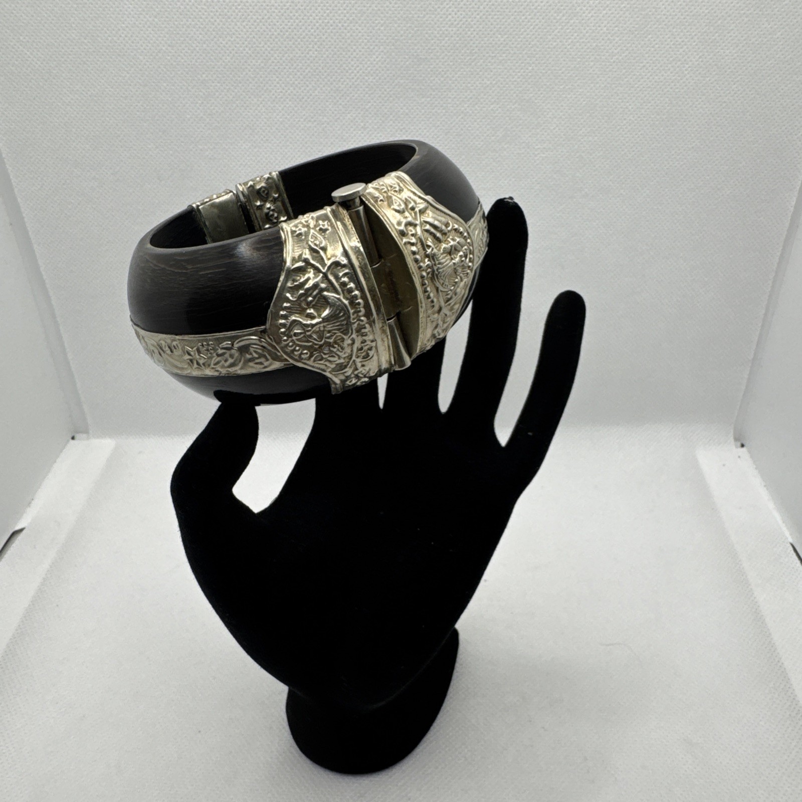 VTG Bone Black Bangle Bracelet with Silver Tone Findings and Trumpet Pin Closure