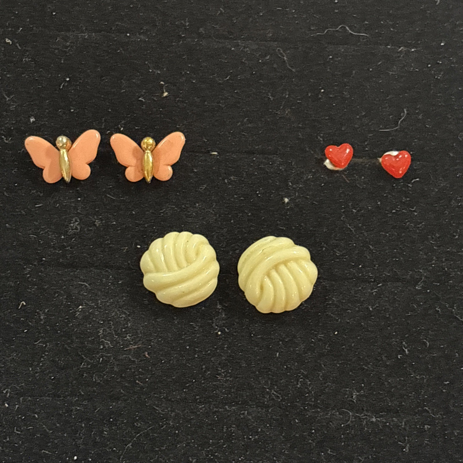 3 Pairs Vintage 1970s Lucite/metal Earrings Butterflies, Hearts, Knots, Avon?