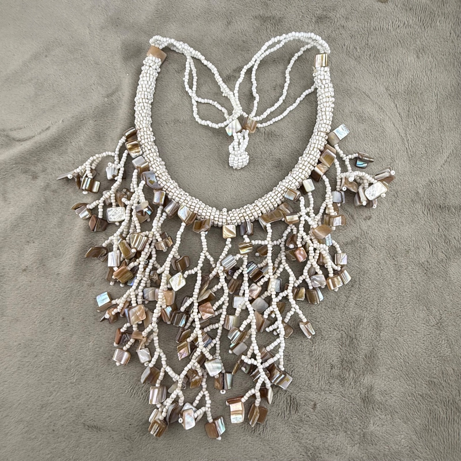 Vintage Beaded Bib Necklace Abalone Fringe 19”
