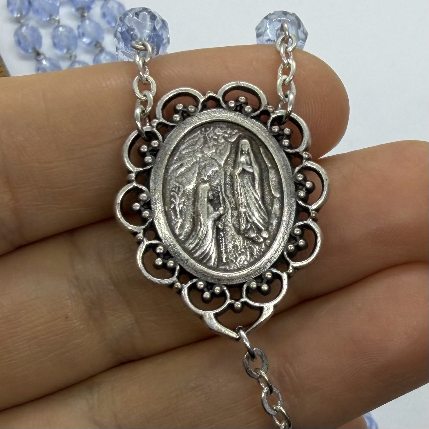 Vtg Religious Catholic Blue Glass Lourdes Cross Rosary Bead Necklace Holy Water