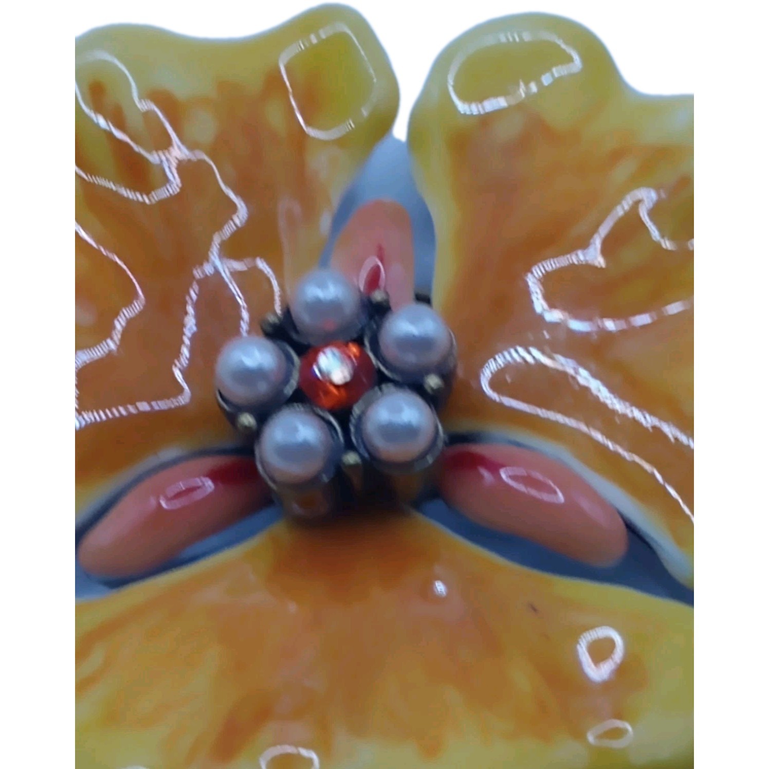 Vintage Enamel Floral Brooch Yellow Orange Faux Pearl Rhinestone Pin 2 in D