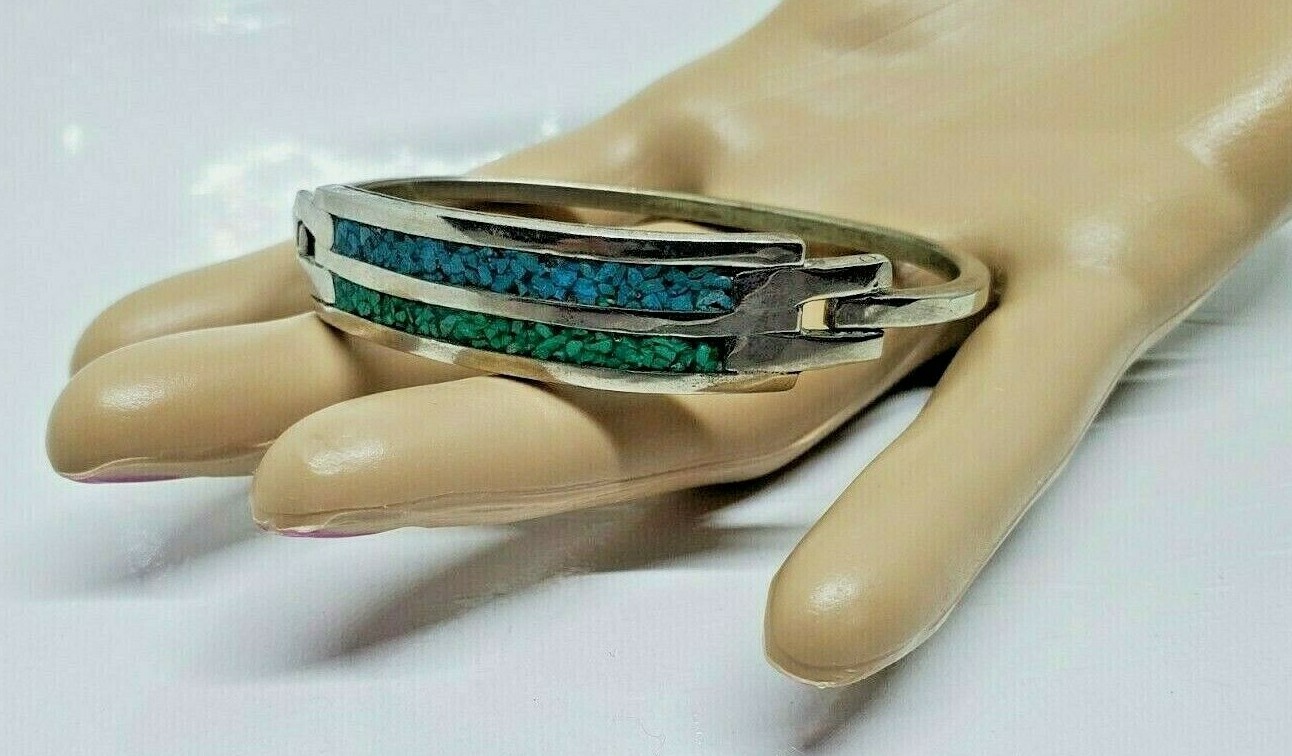 Turquoise Chip Inlay Bracelet Silver Tone Blue Green Side Opening