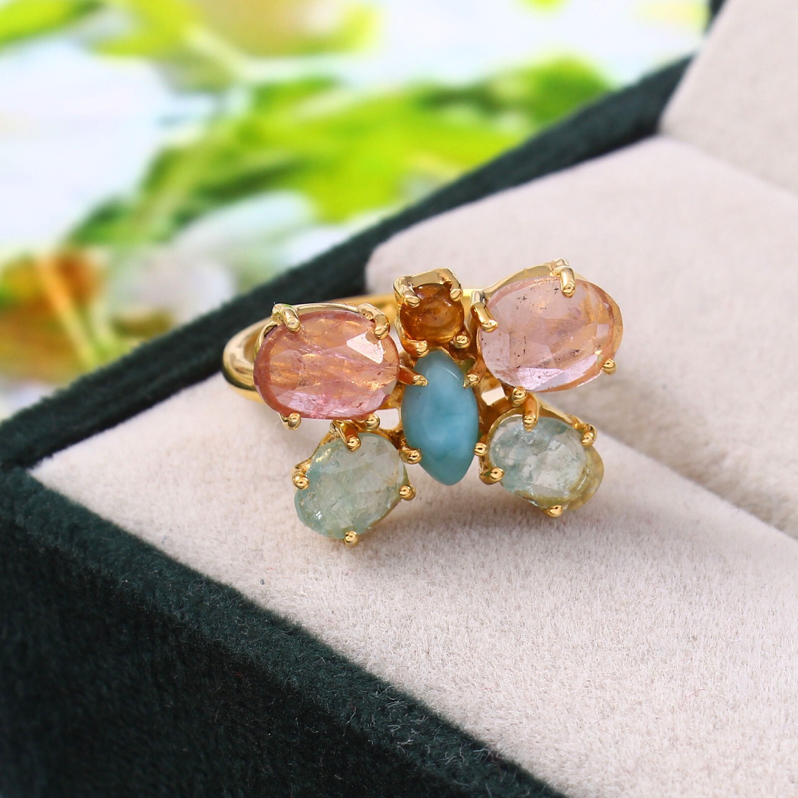 Natural Tourmaline & Larimar Butterfly Ring 925 Sterling Silver Handmade Ring