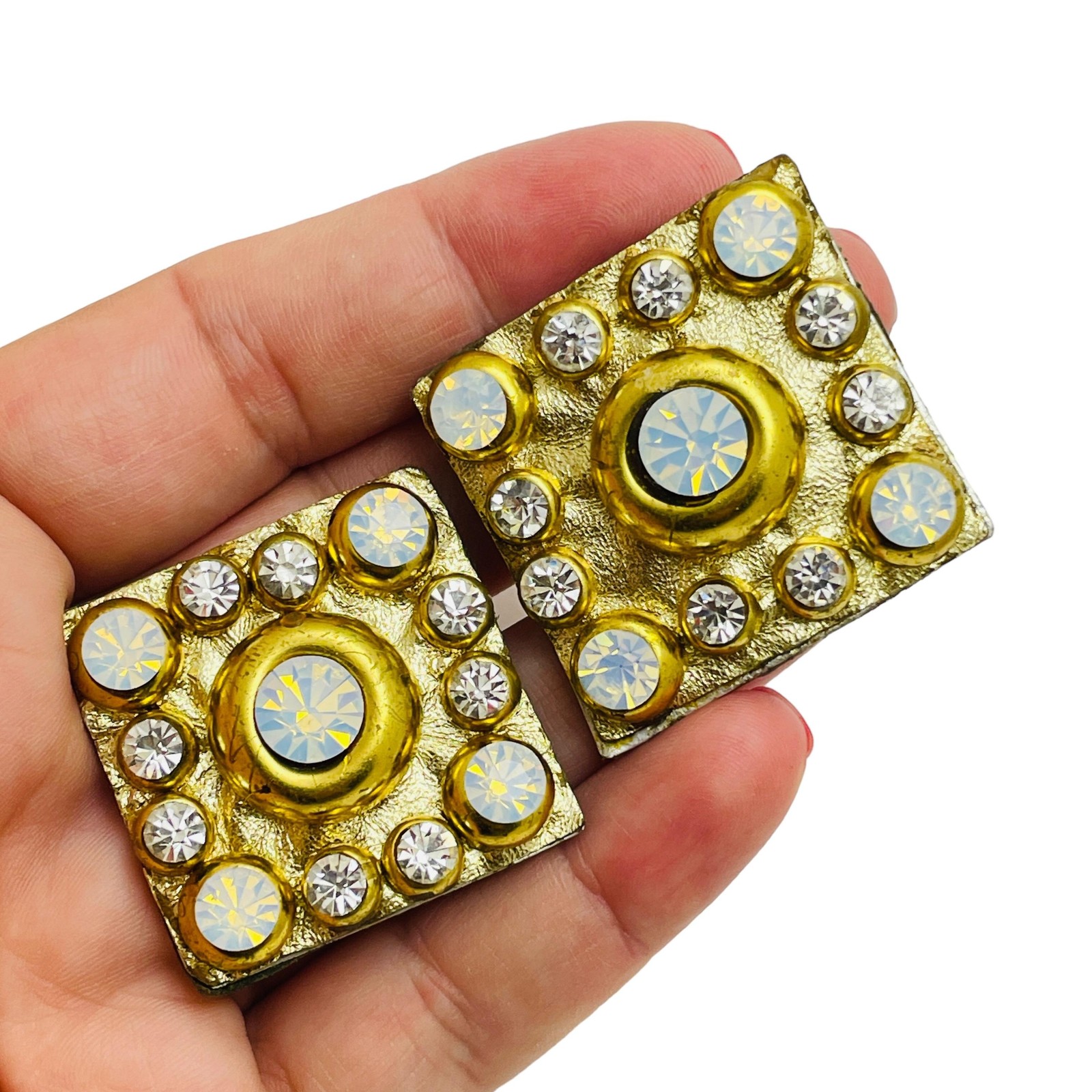 Vintage gold leather rhinestone designer runway clip on earrings