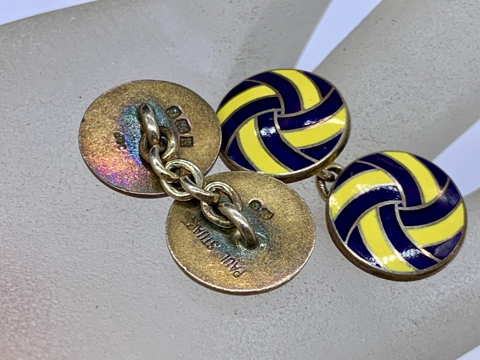 VINTAGE STERLING SILVER DEAKIN FRANCIS PAUL STUART ENAMEL YELLOW BLUE CUFFLINKS