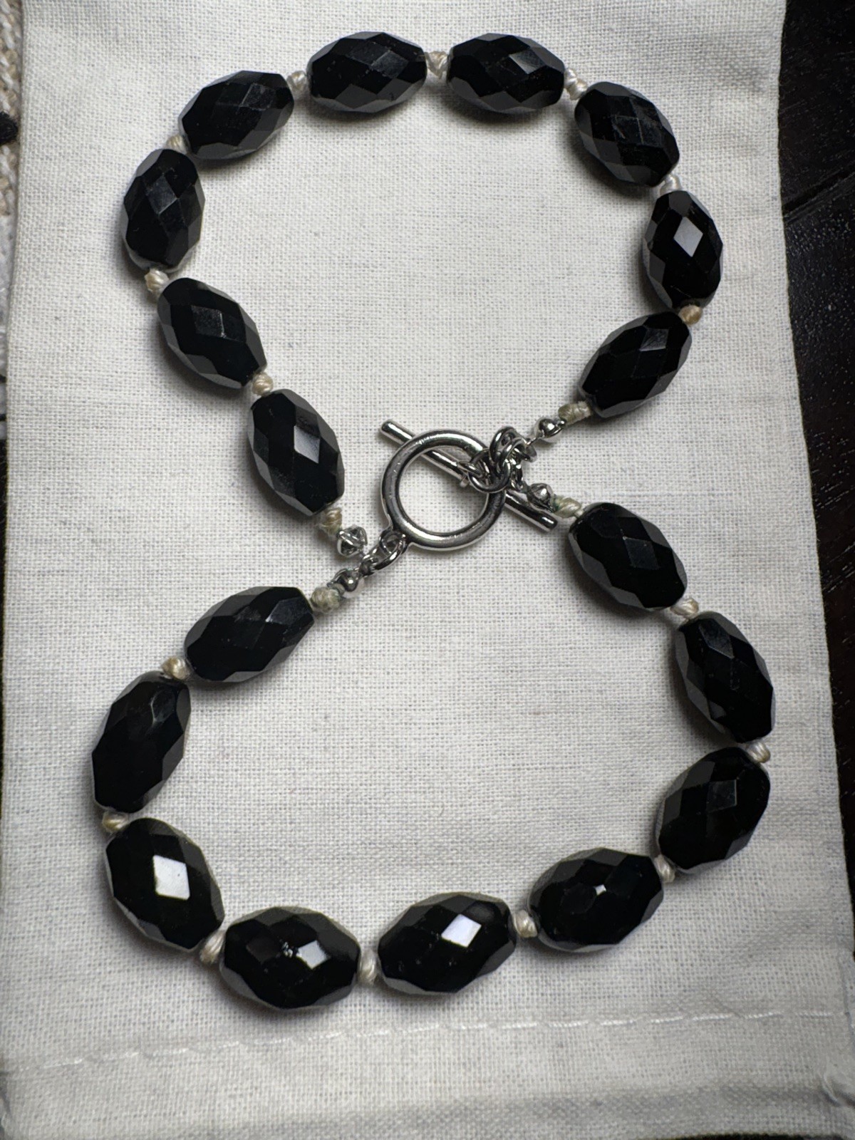 1930s–1950s Czech BLACK GLASS Bracelet French Jet Style Toggle Silk Knots