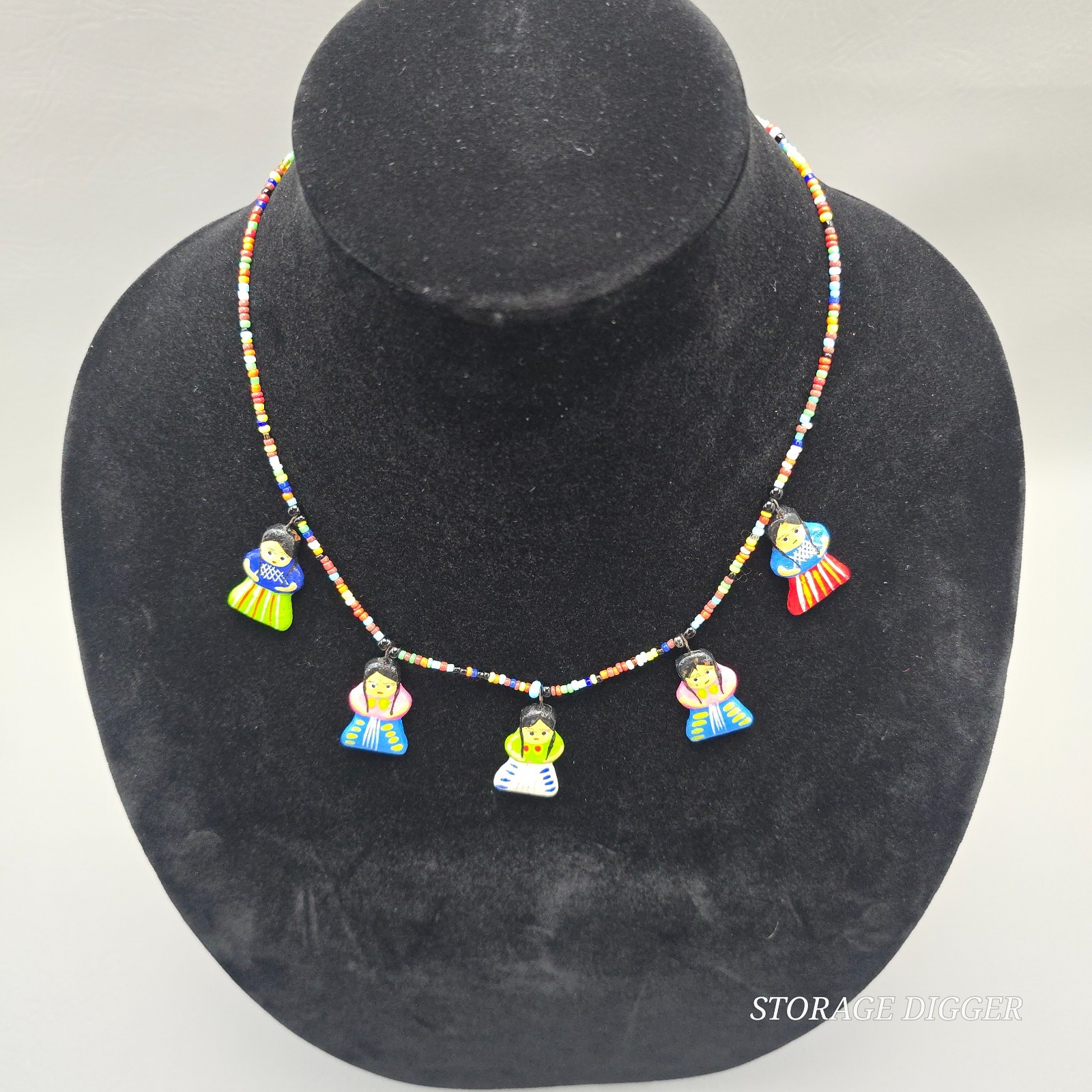 Vintage Folk Art Ceramic Doll Charm Necklace Multicolor Seed Bead Handmade 19″