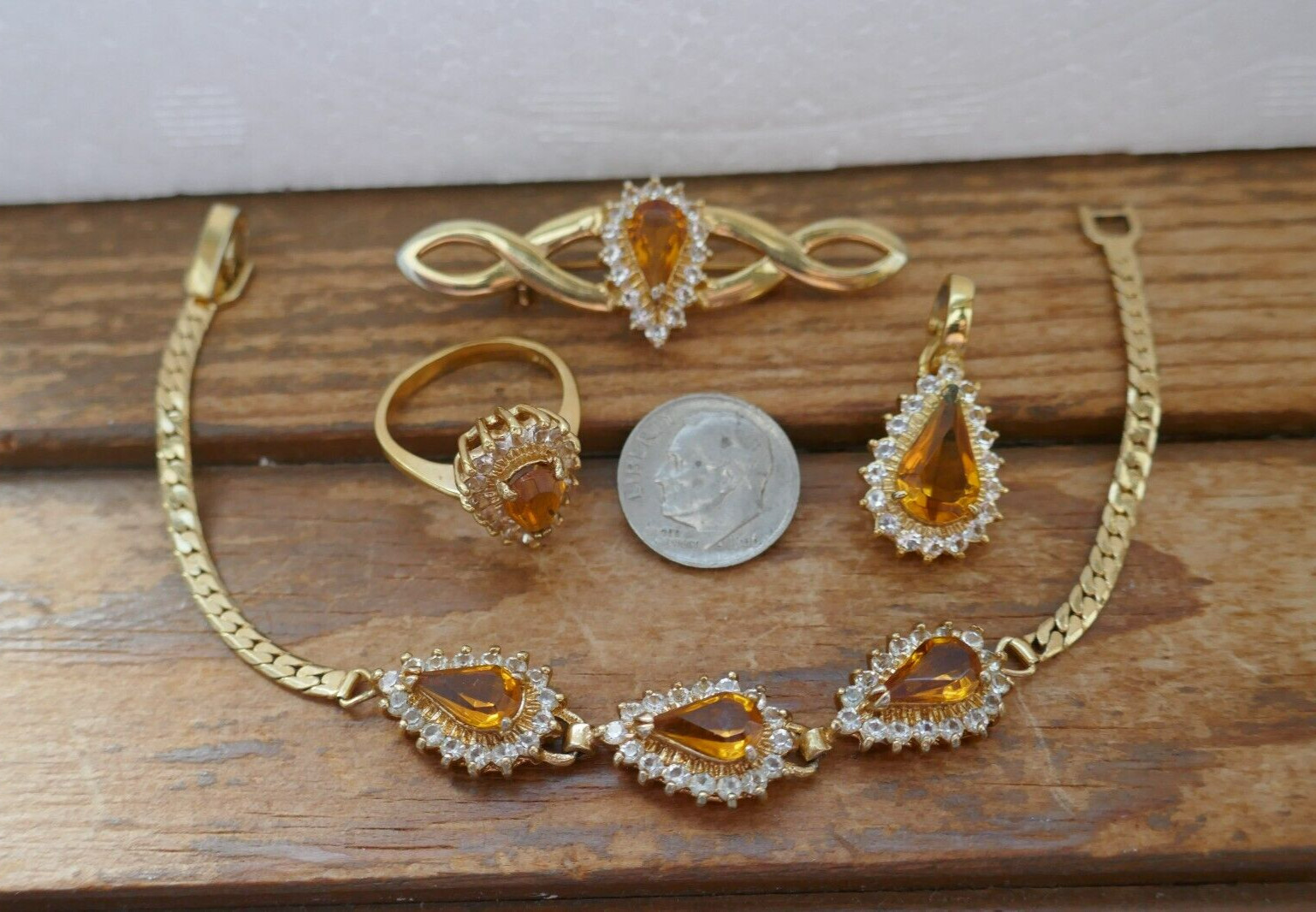 VTG Lot GP Set Citrine & Clear CZ Bracelet Pendant Necklace Enhancer Brooch Ring