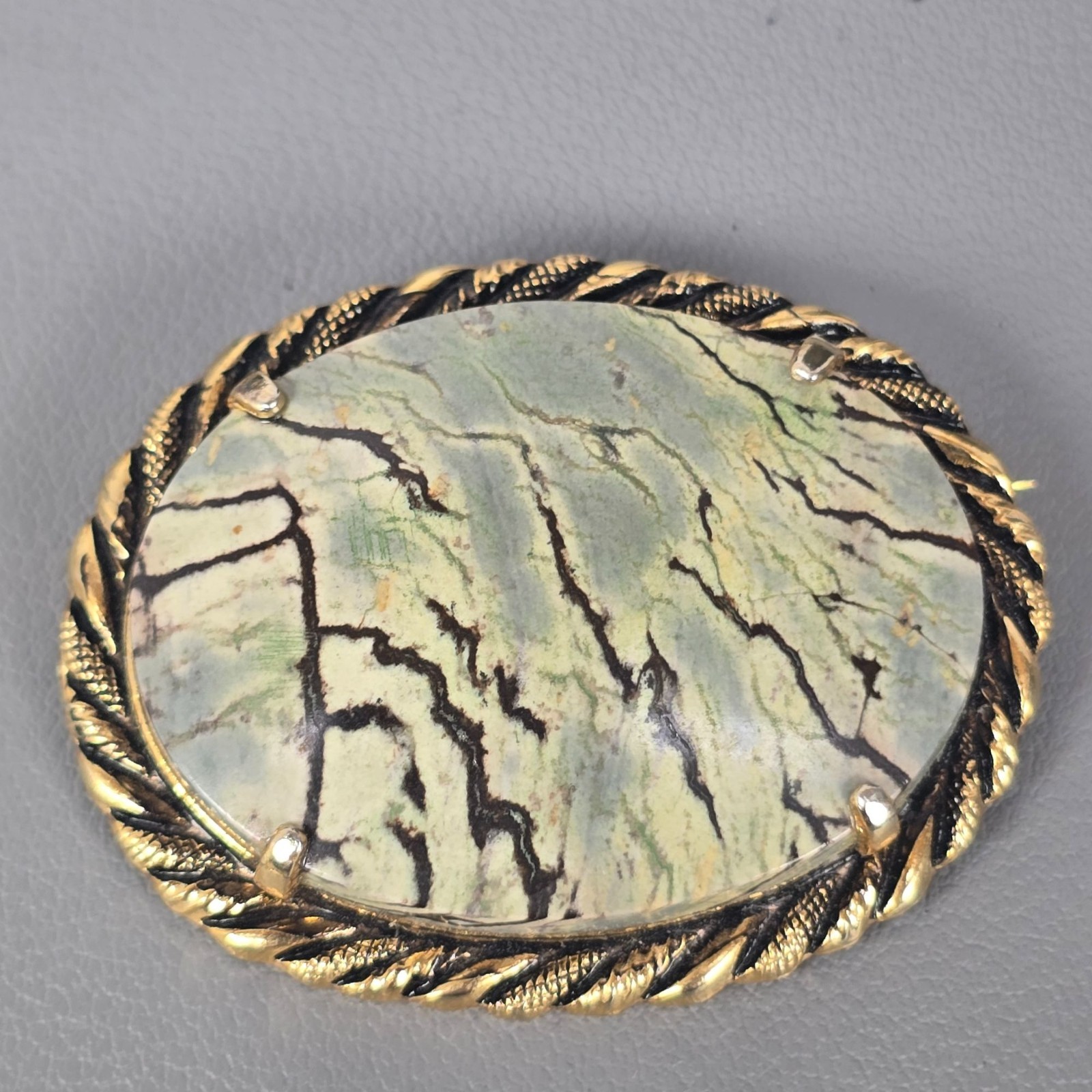 3 Vintage Gold-Tone Picture Agate Jasper Brooch Pins W/ Textured Bezel Setting