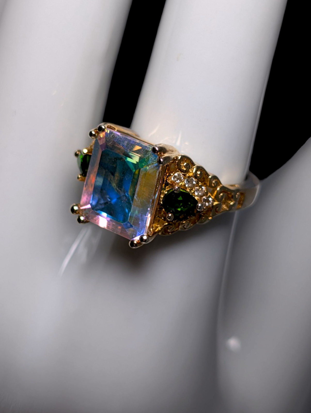 Vintage Emerald Cut Solitaire Genuine Mystic Topaz with Chrome Diopside and Zirc