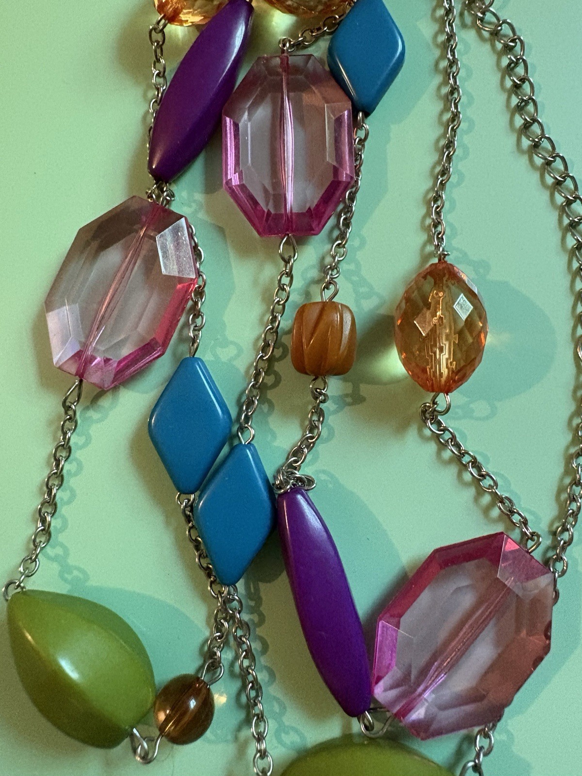 Vintage 19” Playful Mixed Color Lucite Long Necklace-pink-blue-green-multicolor-