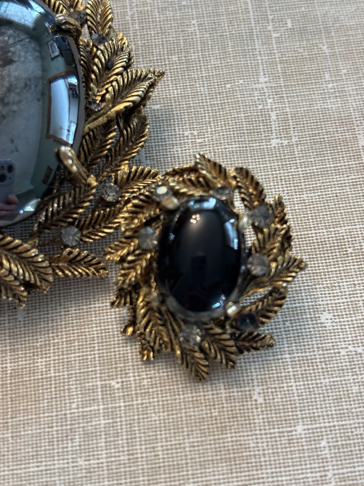Vtg Alice Caviness Antiqued Goldplate Black Oval Hematite Style Brooch Earrings