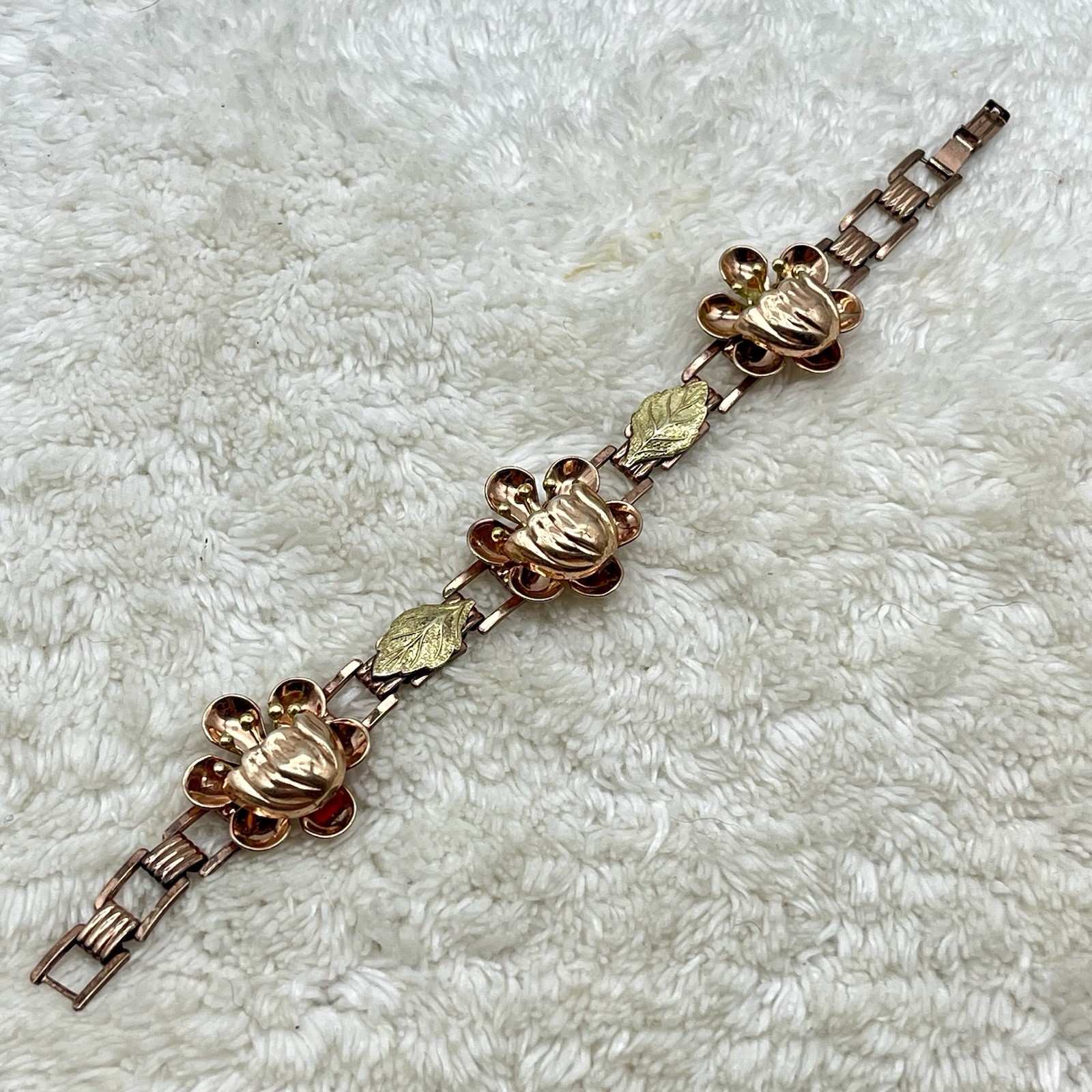 Vintage Sterling Silver Bracelet Raised Flower Bloom Gold Wash Fits 6.75″ Wrist