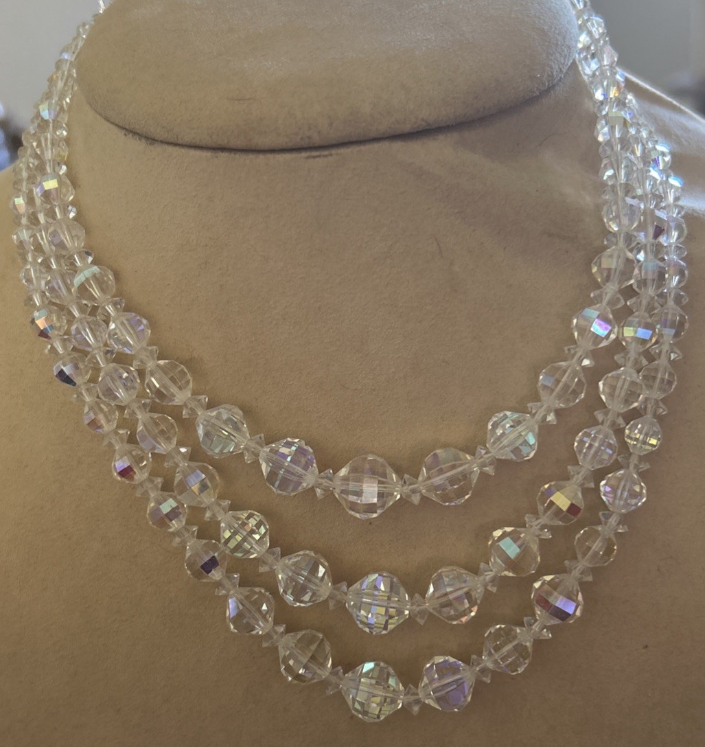 Laguna faceted clear crystal three strand 15” beaded necklace