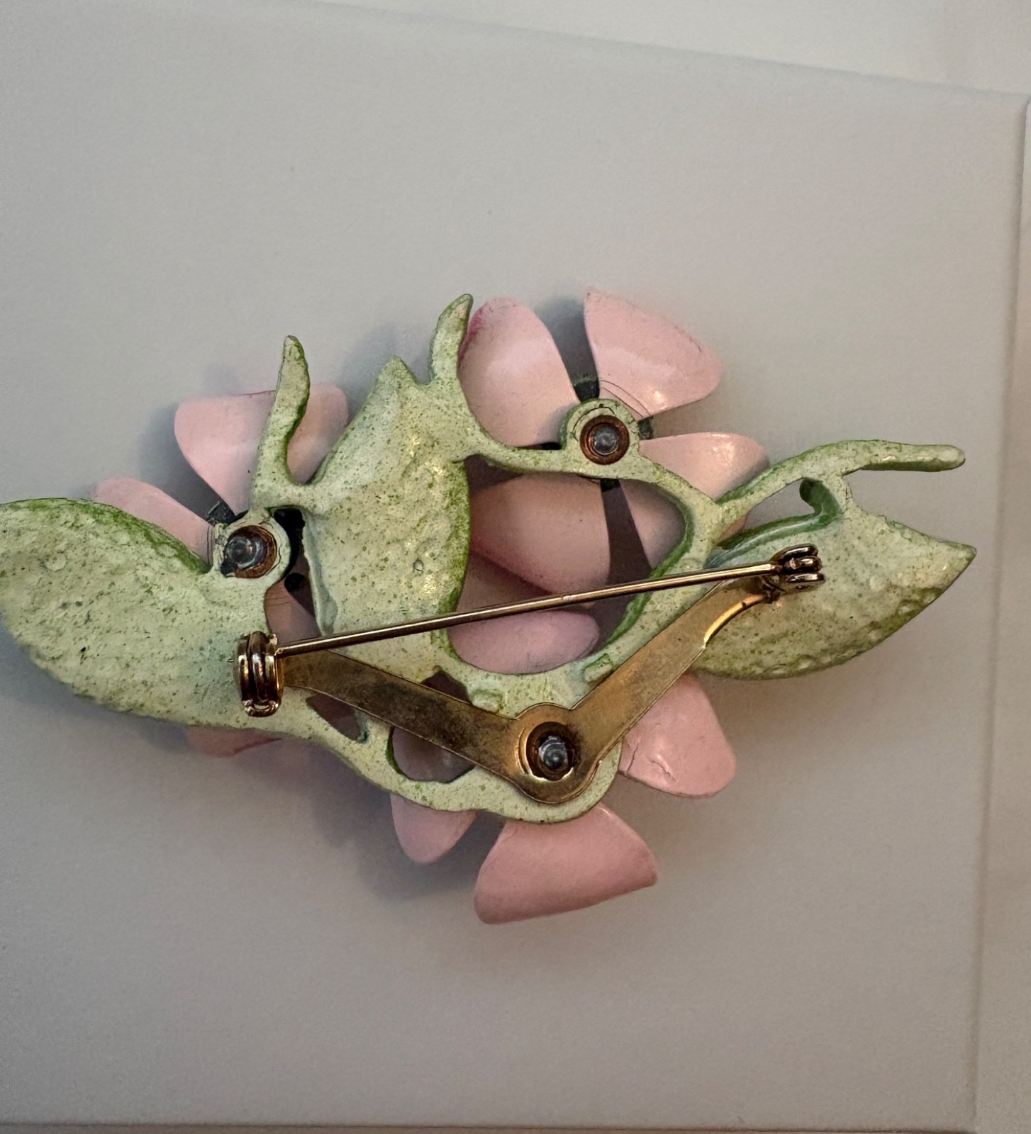 Vintage Pink and Green Enamel Dogwood Flower Brooch