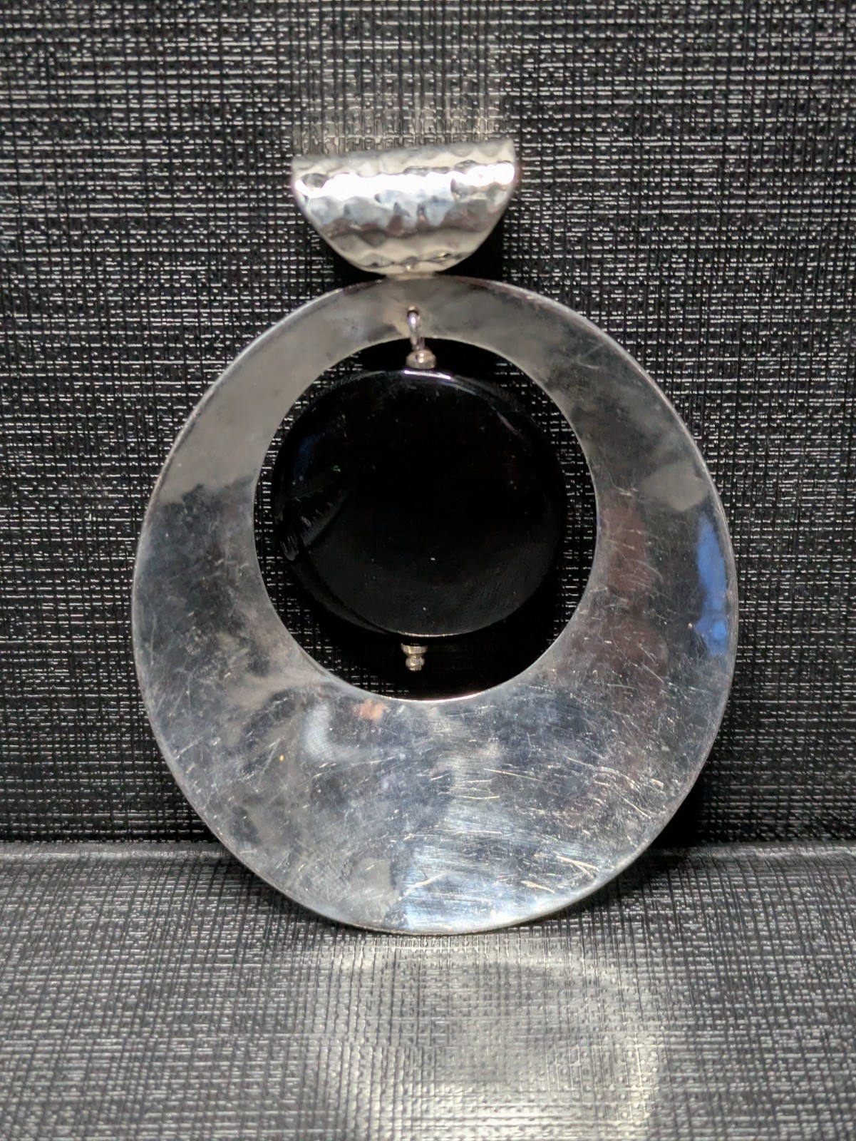 Vintage Dominique Dinouart 925 Silver Pendant Hammered Onyx Dangle Taxco Mexico