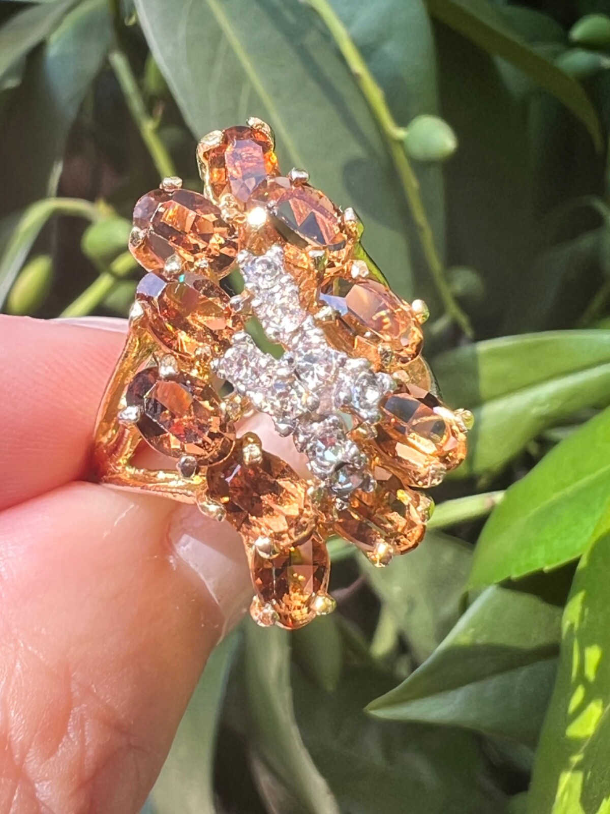 VINTAGE LARGE FAUX CITRINE GLASS CZ CUBIC ZIRCONIA COCKTAIL DRESS RING STATEMENT