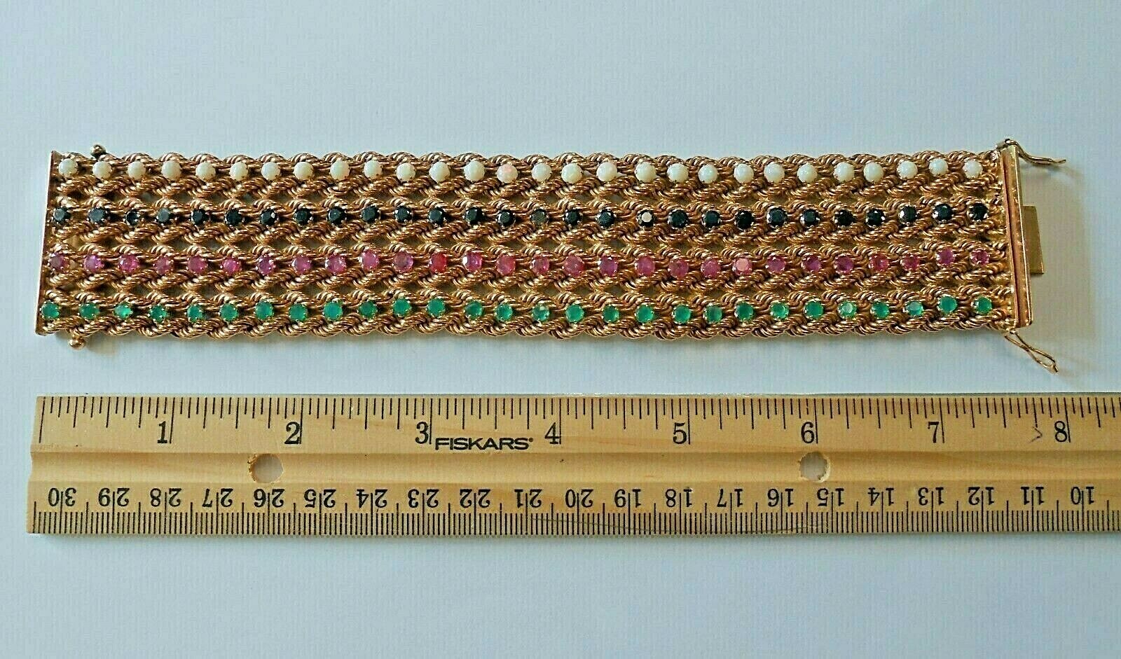 14K Yellow Gold Emerald Ruby Sapphire Opal Multi Strand Wide Bracelet 76 Grams