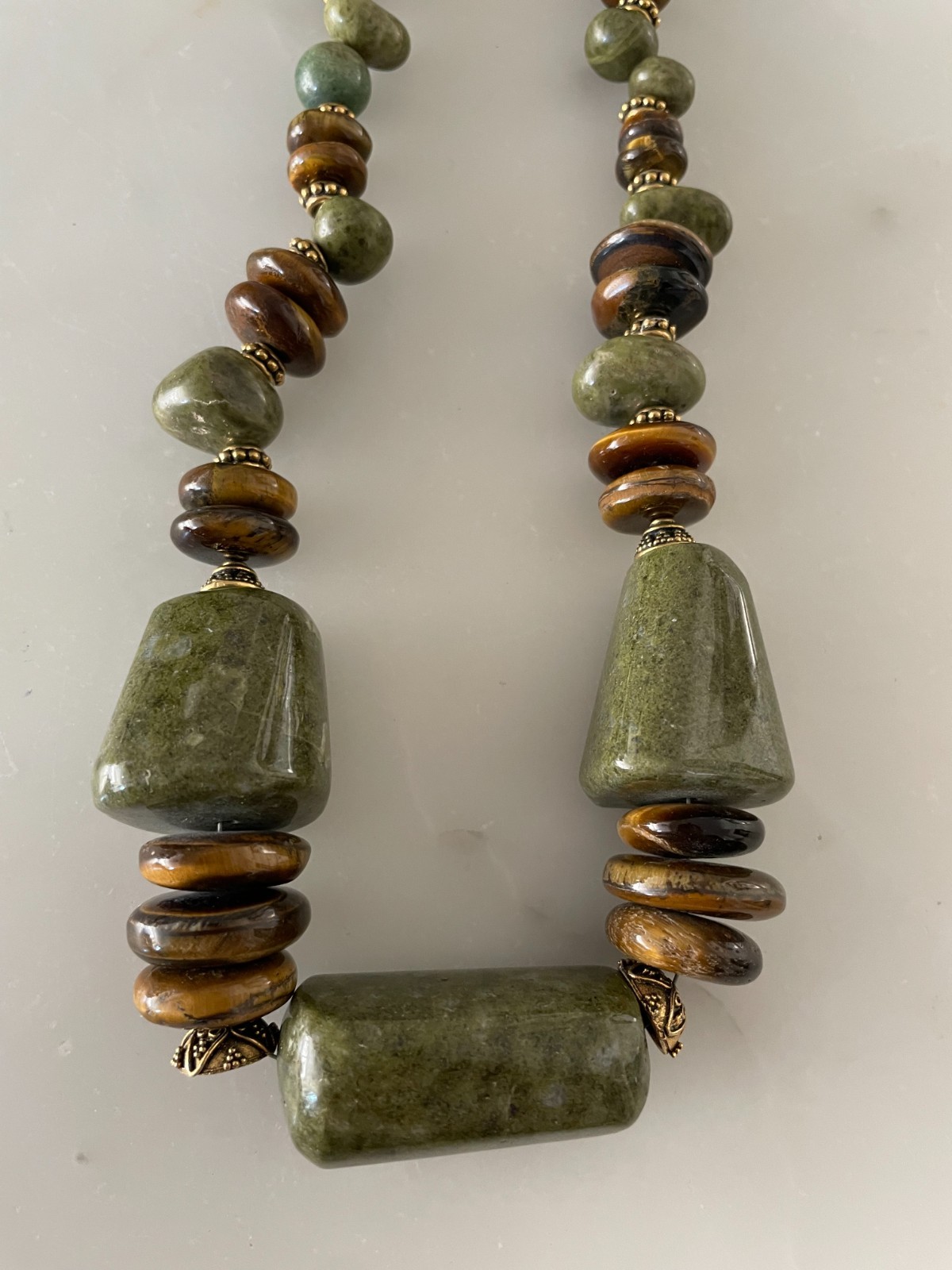 Vintage Nephrite Jade Necklace Nylon String Tigers Eye Filigree Brass Spacers