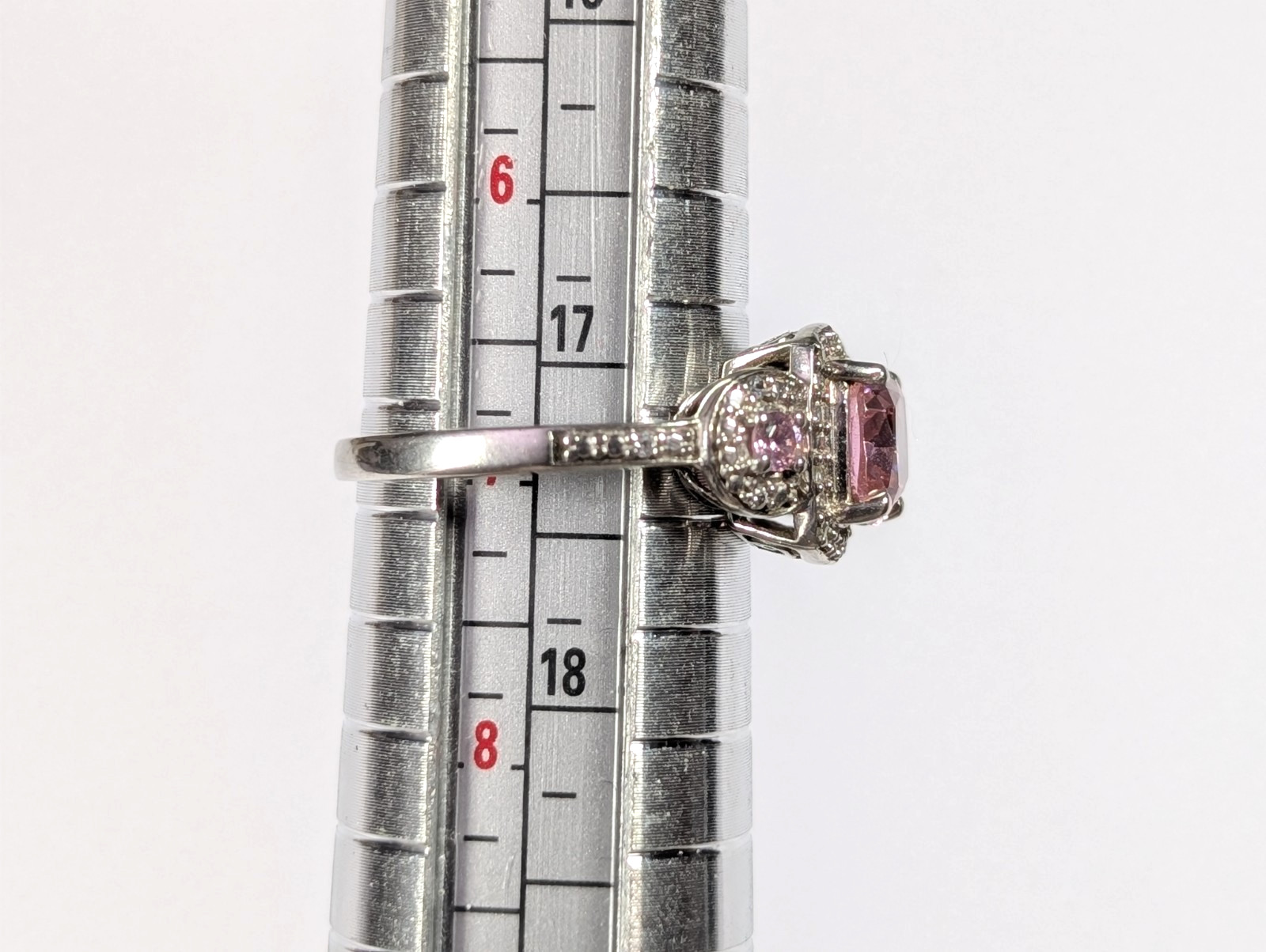 Vtg Sterling Silver 925 Pink CZ Cushion Cut Halo Ring w/ Side Stones H925 Size 7