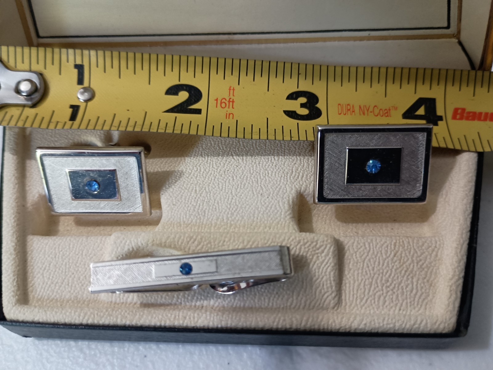Swank Brushed Silver Blue Modern Rectangle Rhinestone Tie clip Cuff Links W Box