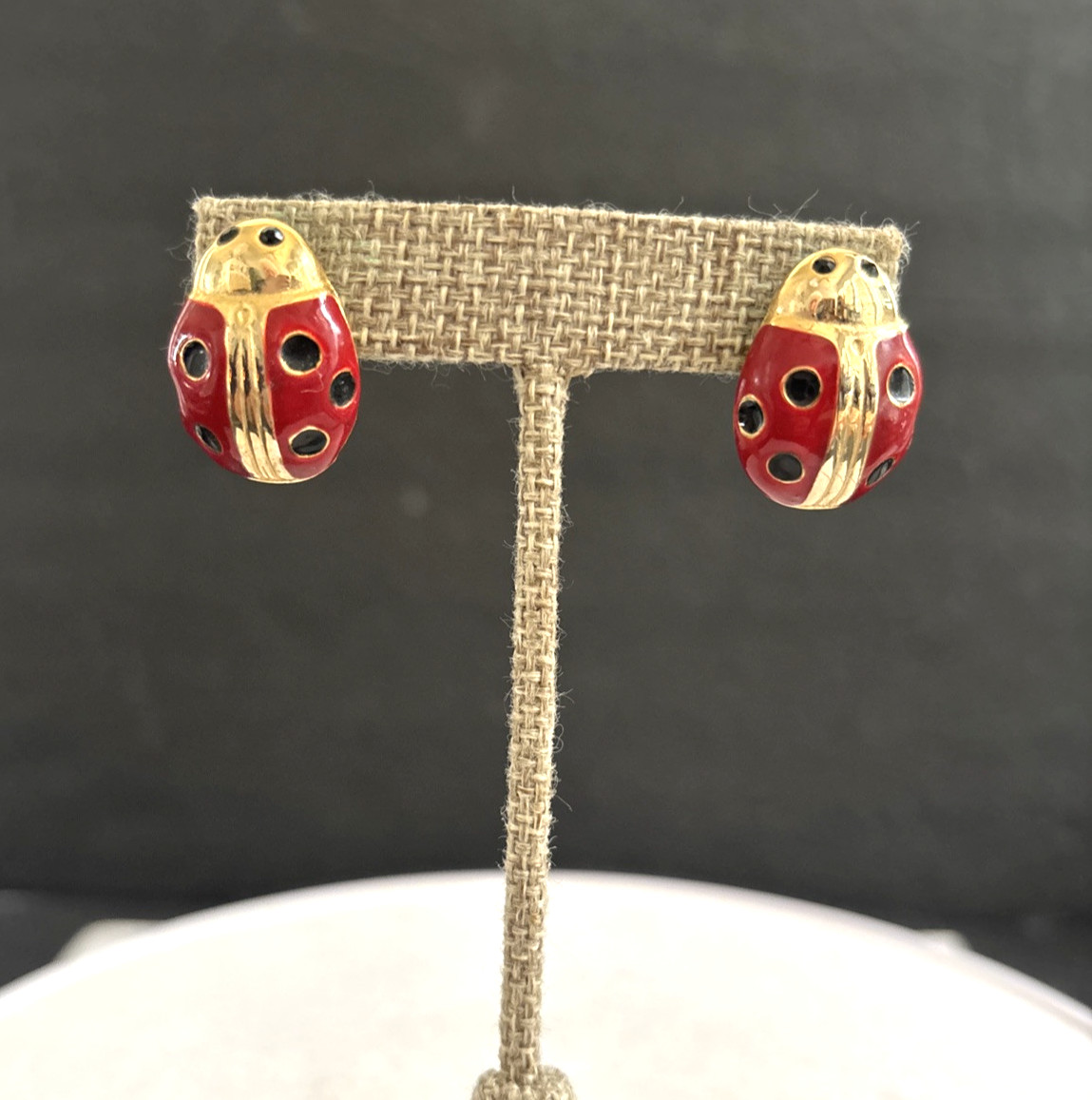Vintage Gay Boyer Earrings Enameled Red & Black Gold Tone Lady Bugs Signed